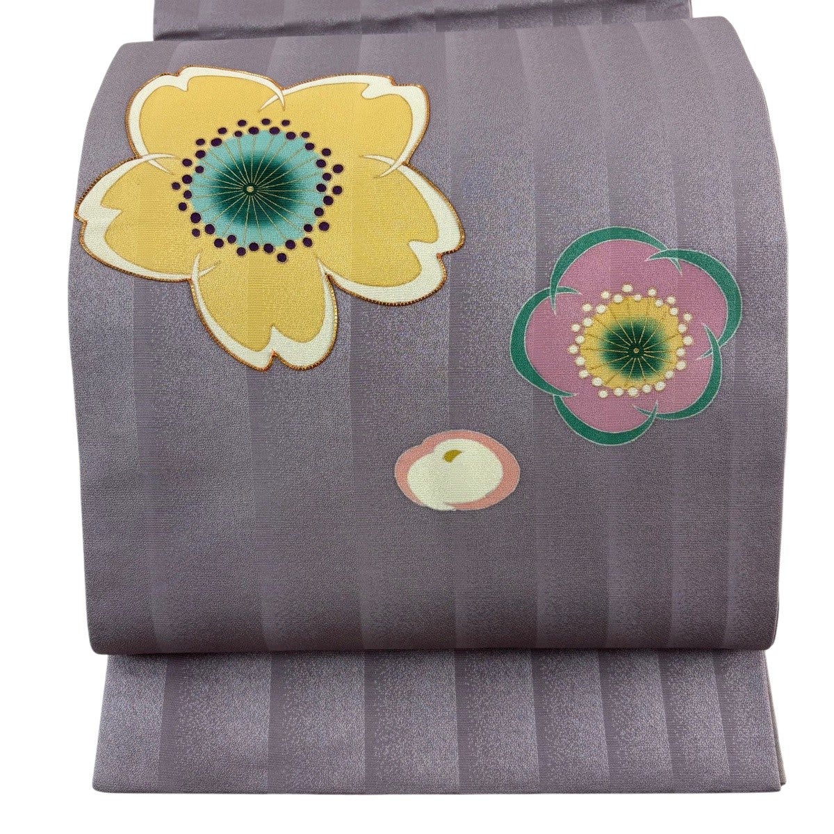 袋帯 秀品 やまと 桜 縞 金糸 箔 紫 六通 正絹｜中古・古着