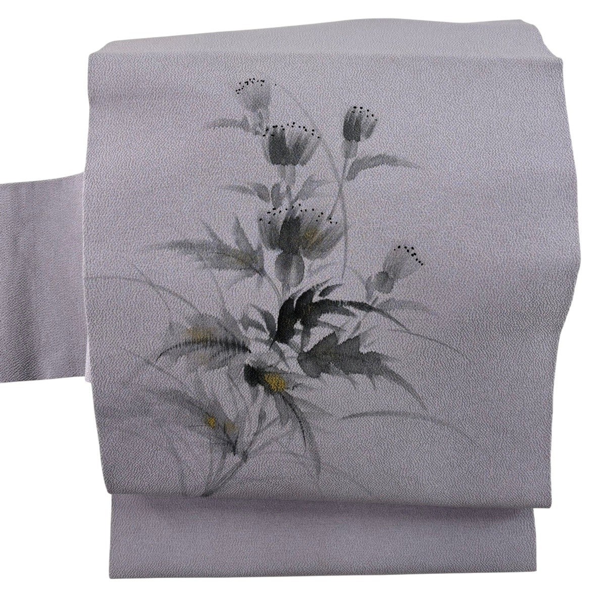 名古屋帯 秀品 落款あり 草花 金彩 縮緬 灰紫 正絹｜中古・古着