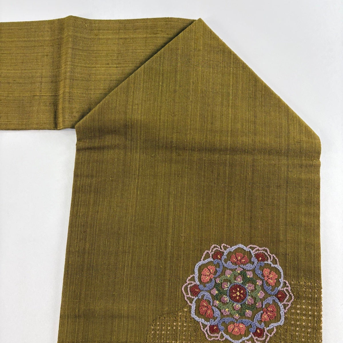 開き名古屋帯 秀品 紬地 草花 鳥 刺繍 茶色 正絹 秀品 草花 紬