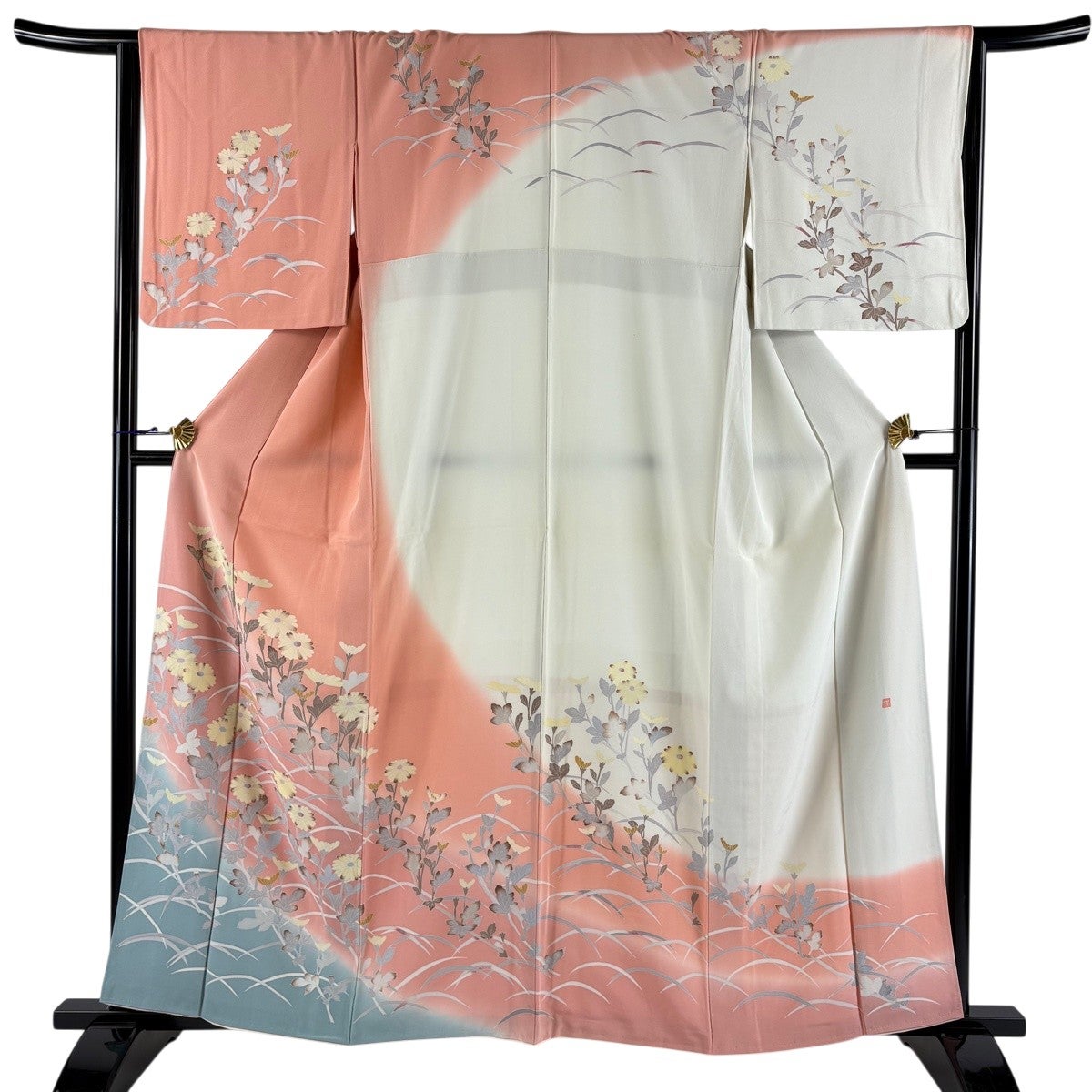 訪問着 身丈166cm 裄丈67.5cm L 袷 落款あり 菊 風景 染め分け ぼかし