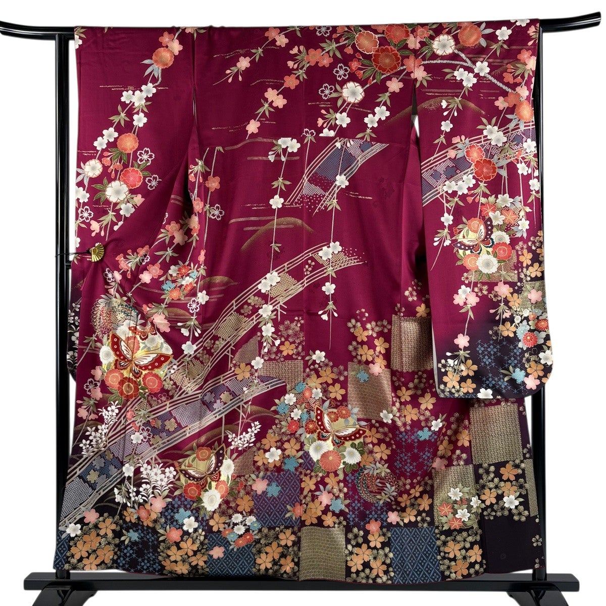 振袖 身丈157cm 裄丈63cm S 袷 花籠 蝶 金糸 金彩 赤紫 正絹 秀品