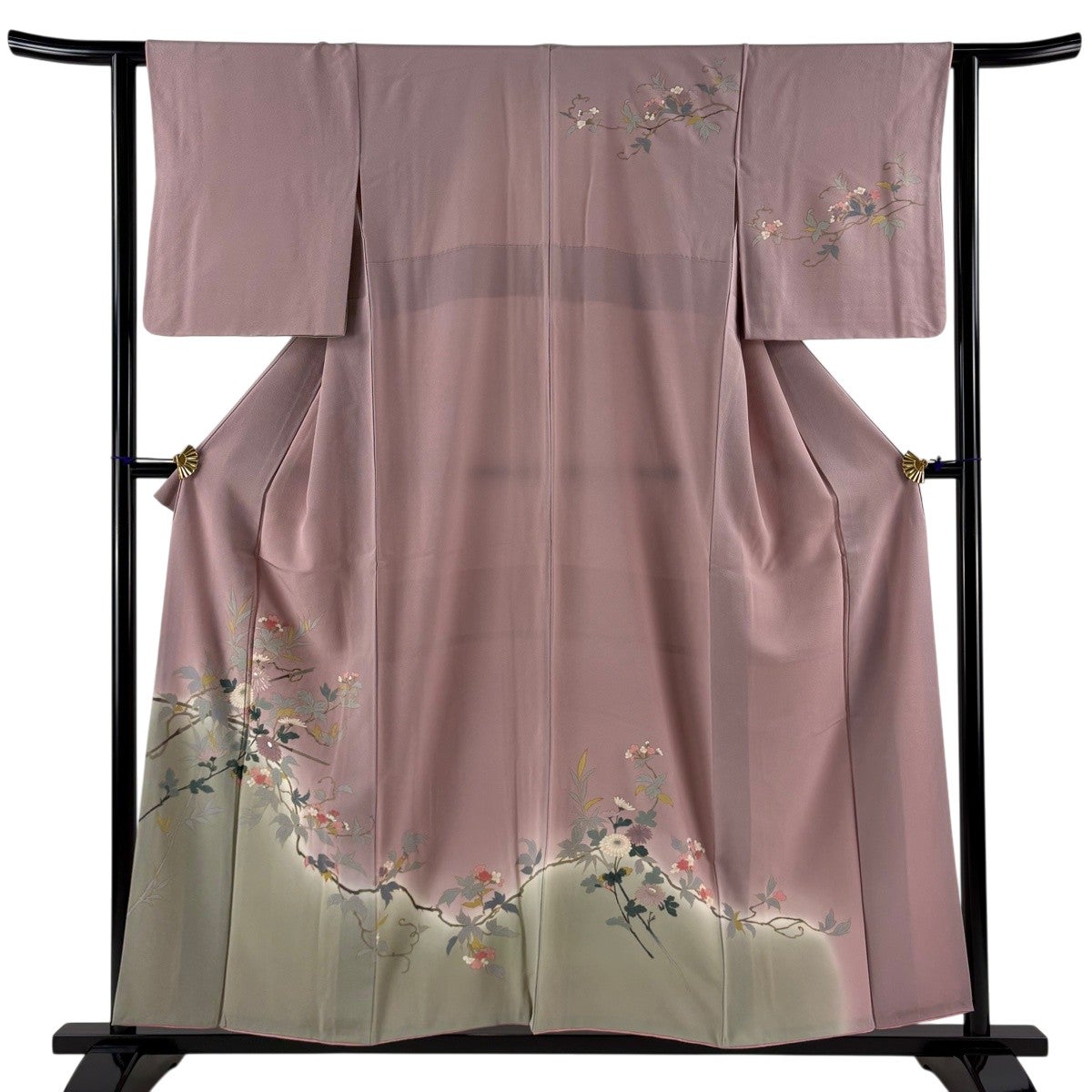 訪問着 身丈158cm 裄丈62.5cm S 袷 松 草花 金彩 ぼかし ピンク 正絹