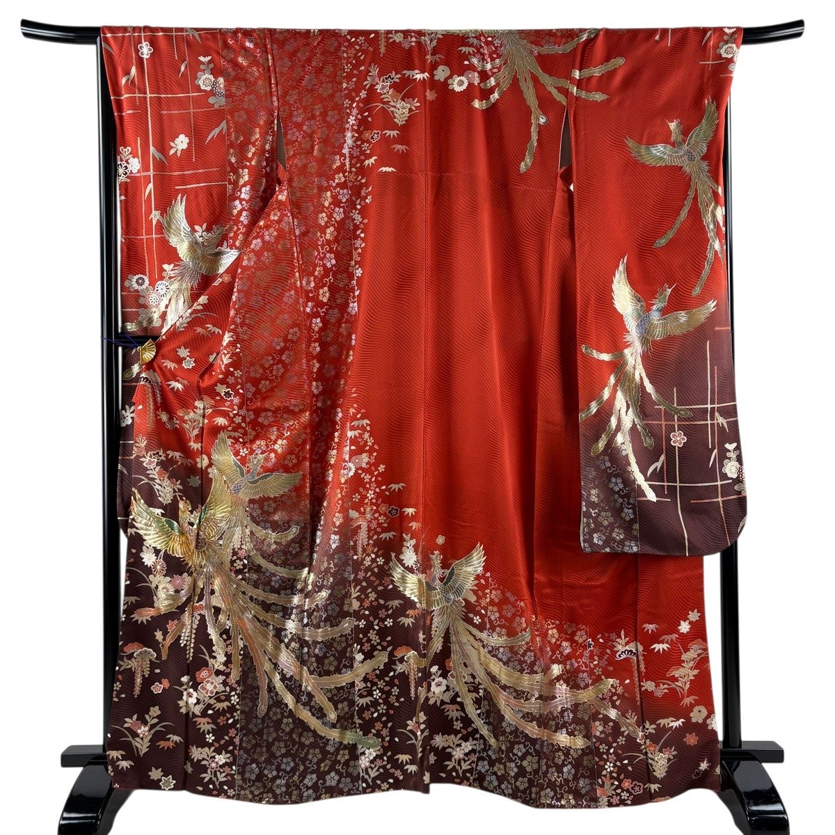 振袖 身丈162.5cm 裄丈64cm M 袷 花唐草 華文 刺繍 金彩 赤 正絹 秀品
