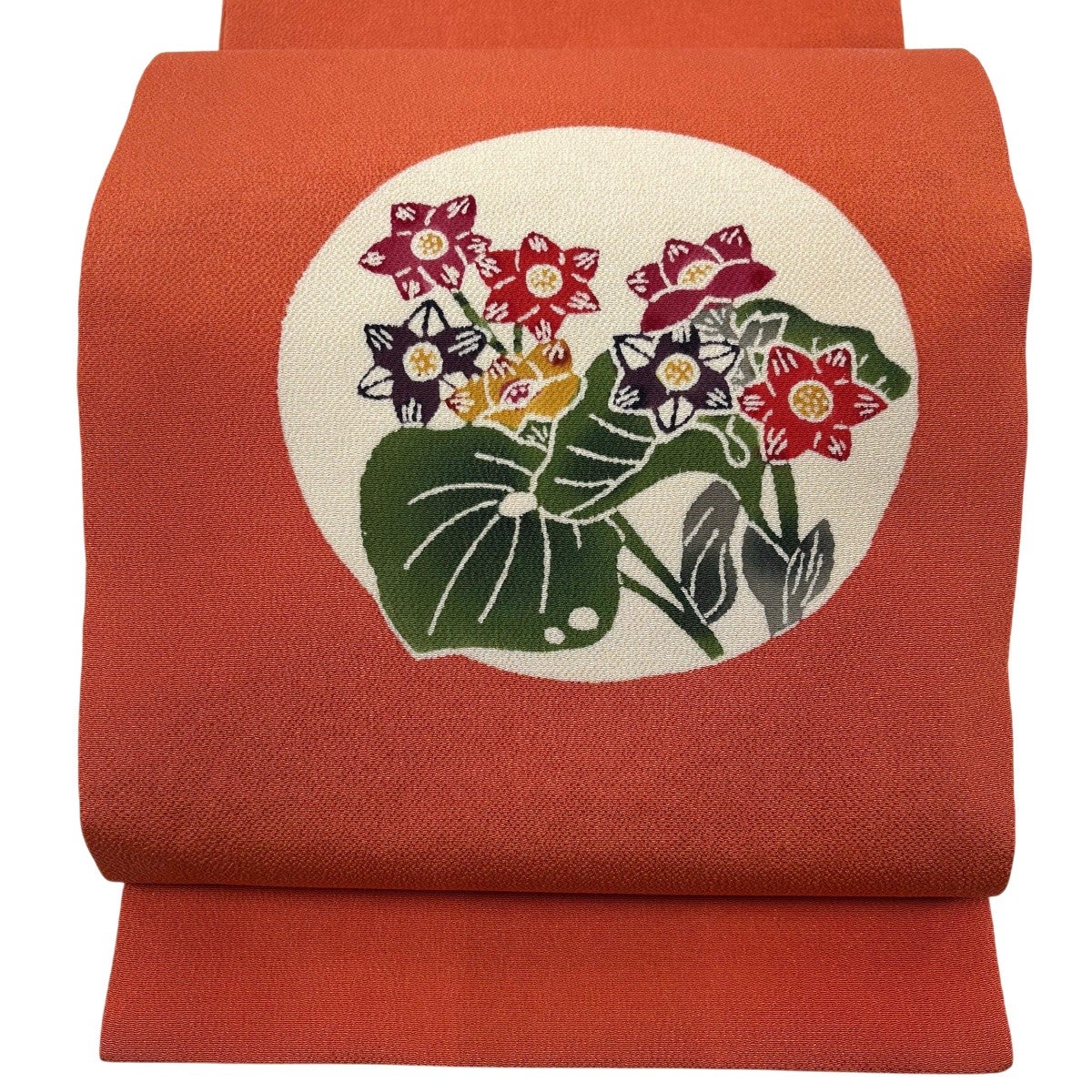 美品】 開き名古屋帯 秀品 草花 縮緬 オレンジ 正絹｜中古・古着