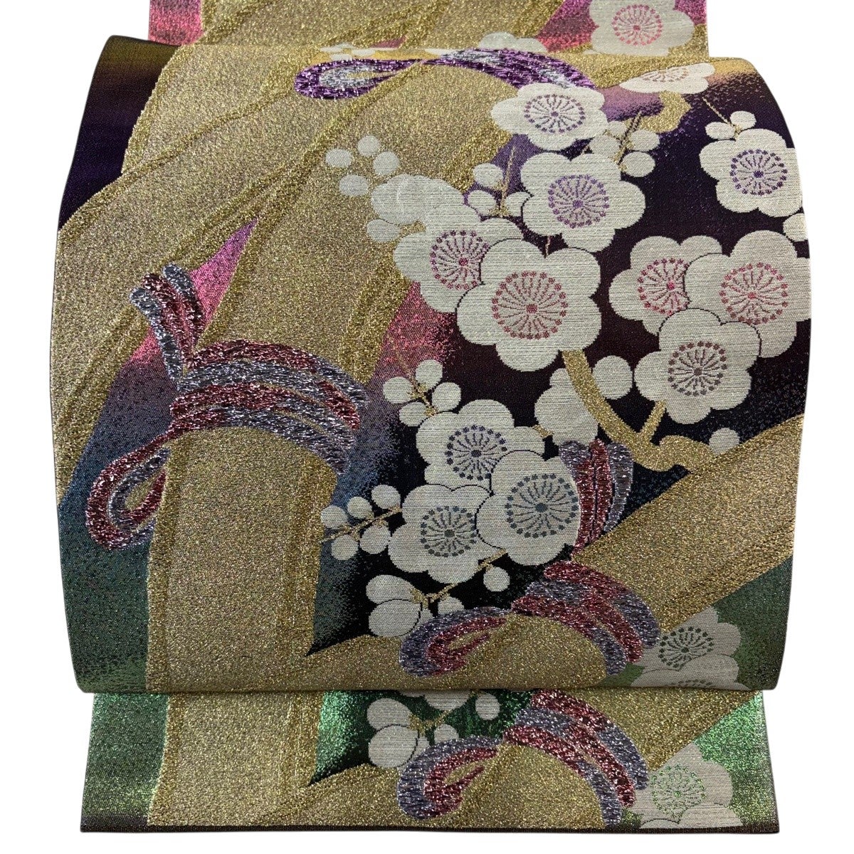 美品】 袋帯 秀品 振袖向き 華文 桜 金銀糸 刺繍 紺色 六通 正絹｜中古