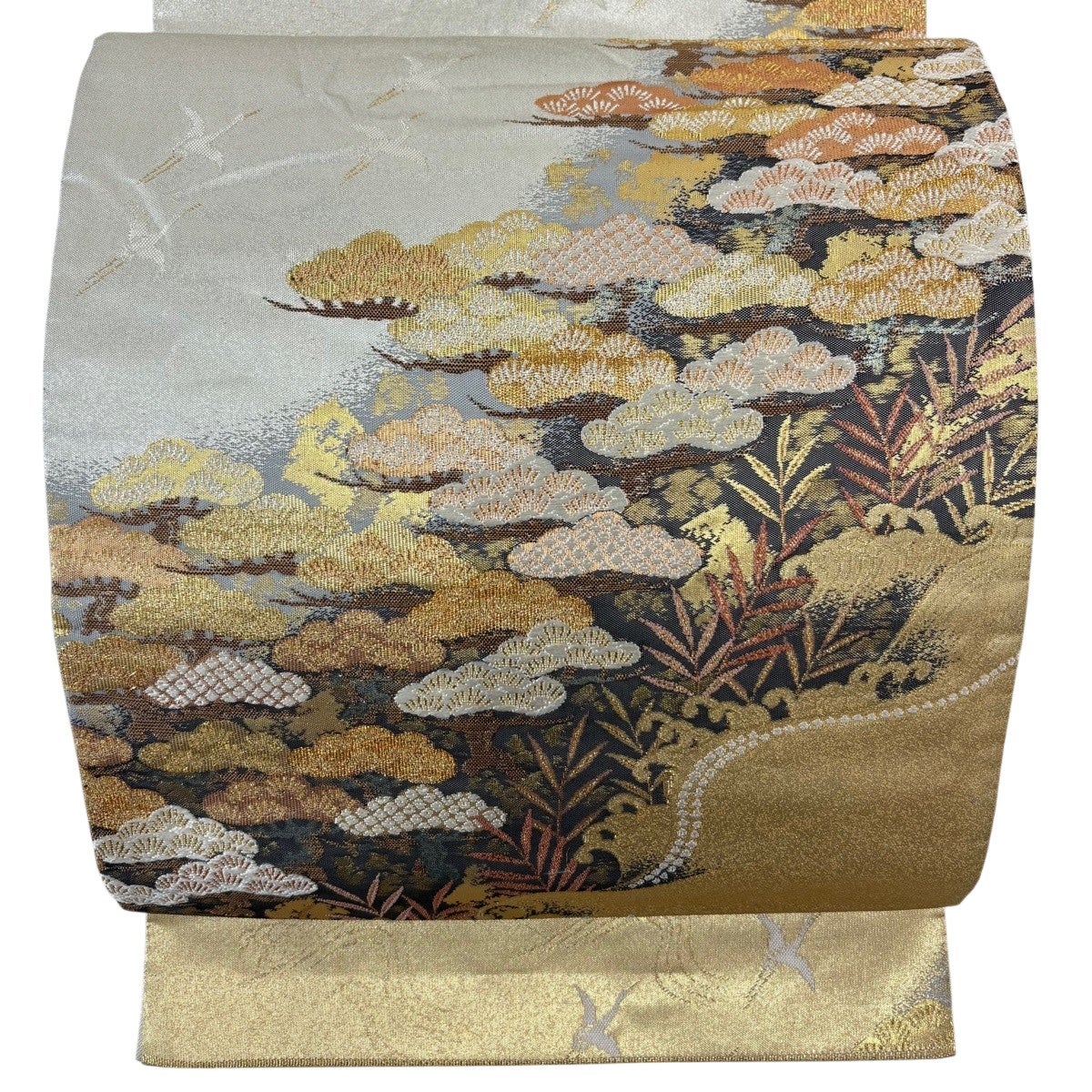 袋帯 秀品 桜 花 箔 金糸 黒灰 六通 正絹｜中古・古着・リサイクル着物