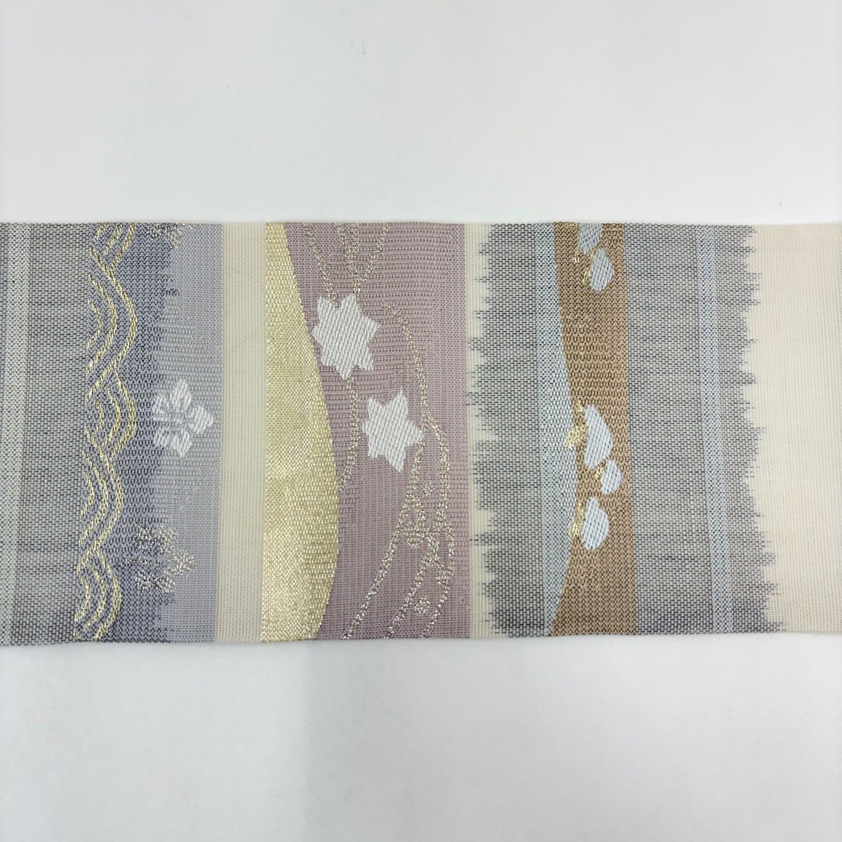 美品】 名古屋帯 秀品 夏帯 紗 流水 花 金糸 箔 灰色 正絹｜中古・古着