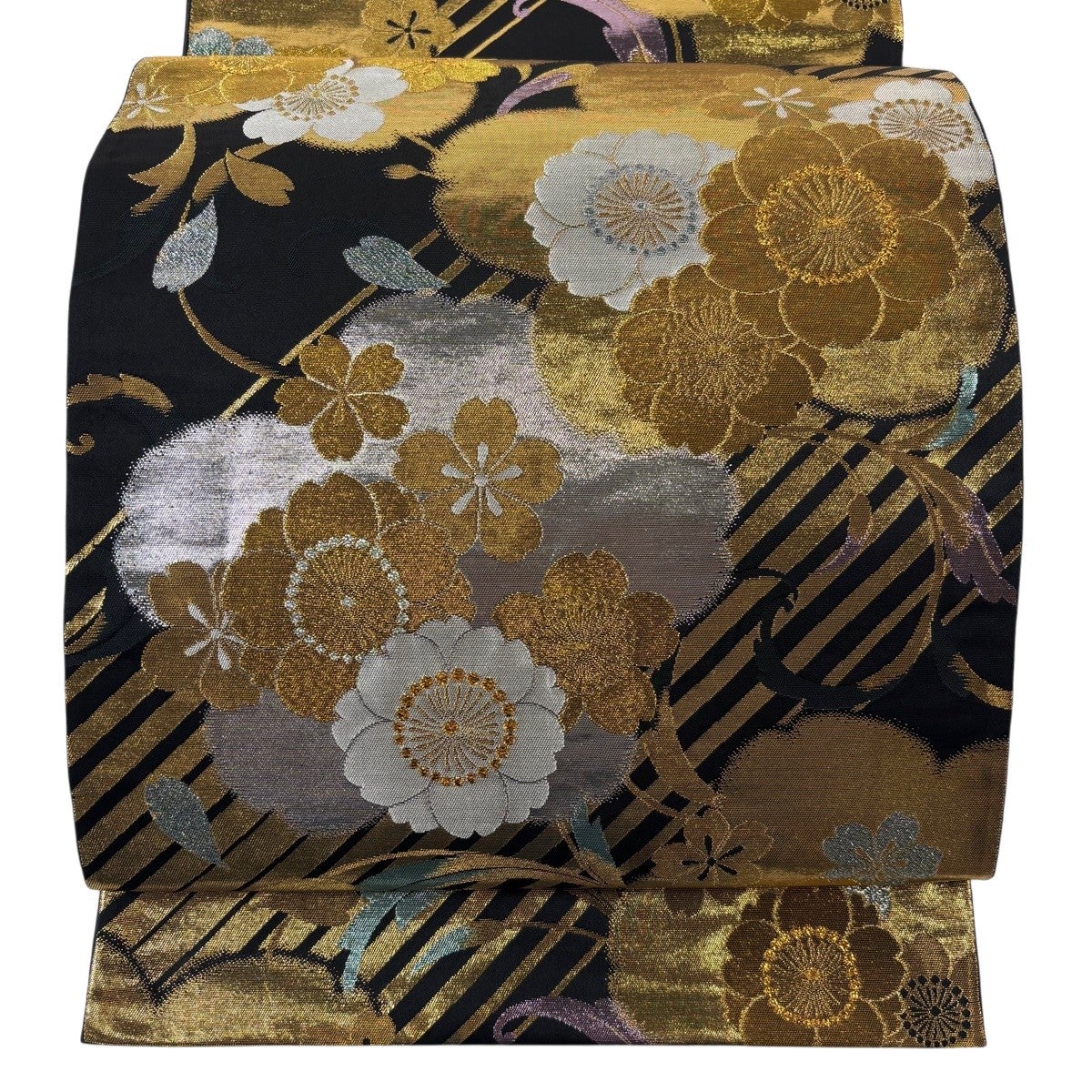 袋帯 秀品 桜 花 箔 金糸 黒灰 六通 正絹｜中古・古着・リサイクル着物