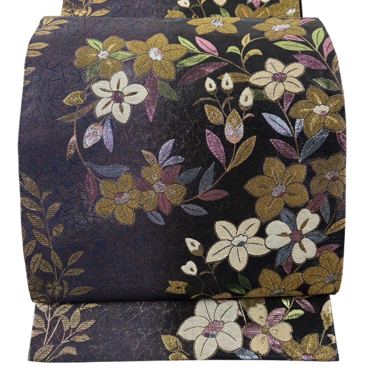 逸品 袋帯 草花 箔 六通 落款あり 黒 美品 鳥 金糸 正絹｜中古・古着 