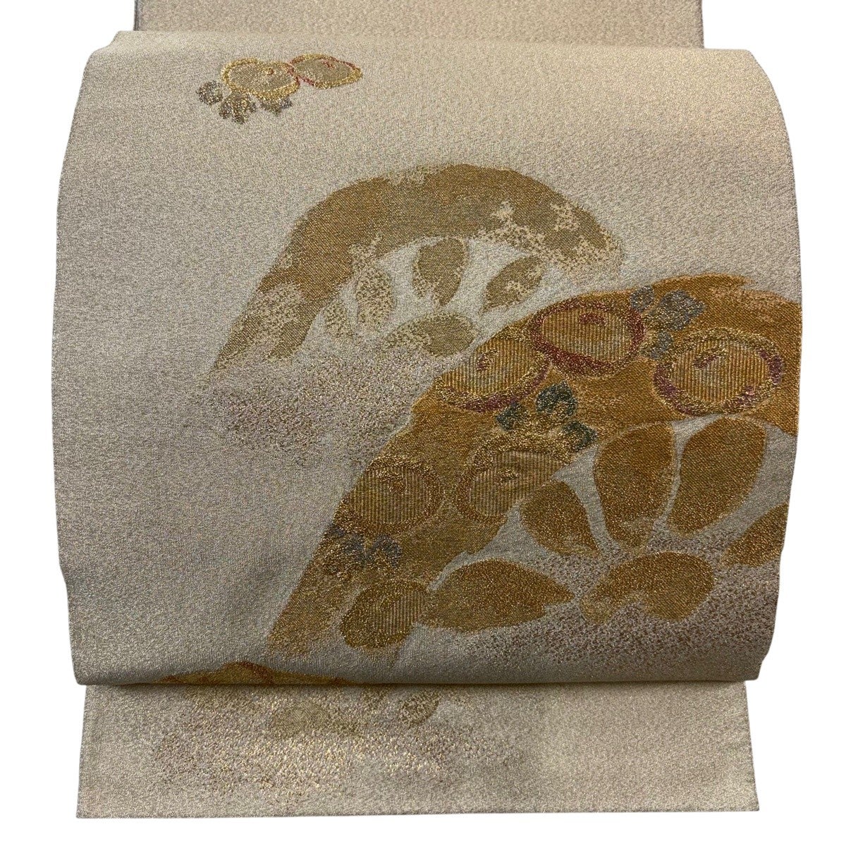 袋帯 秀品 万寿菊 源氏車 金糸 箔 金色 お太鼓柄 正絹｜中古・古着
