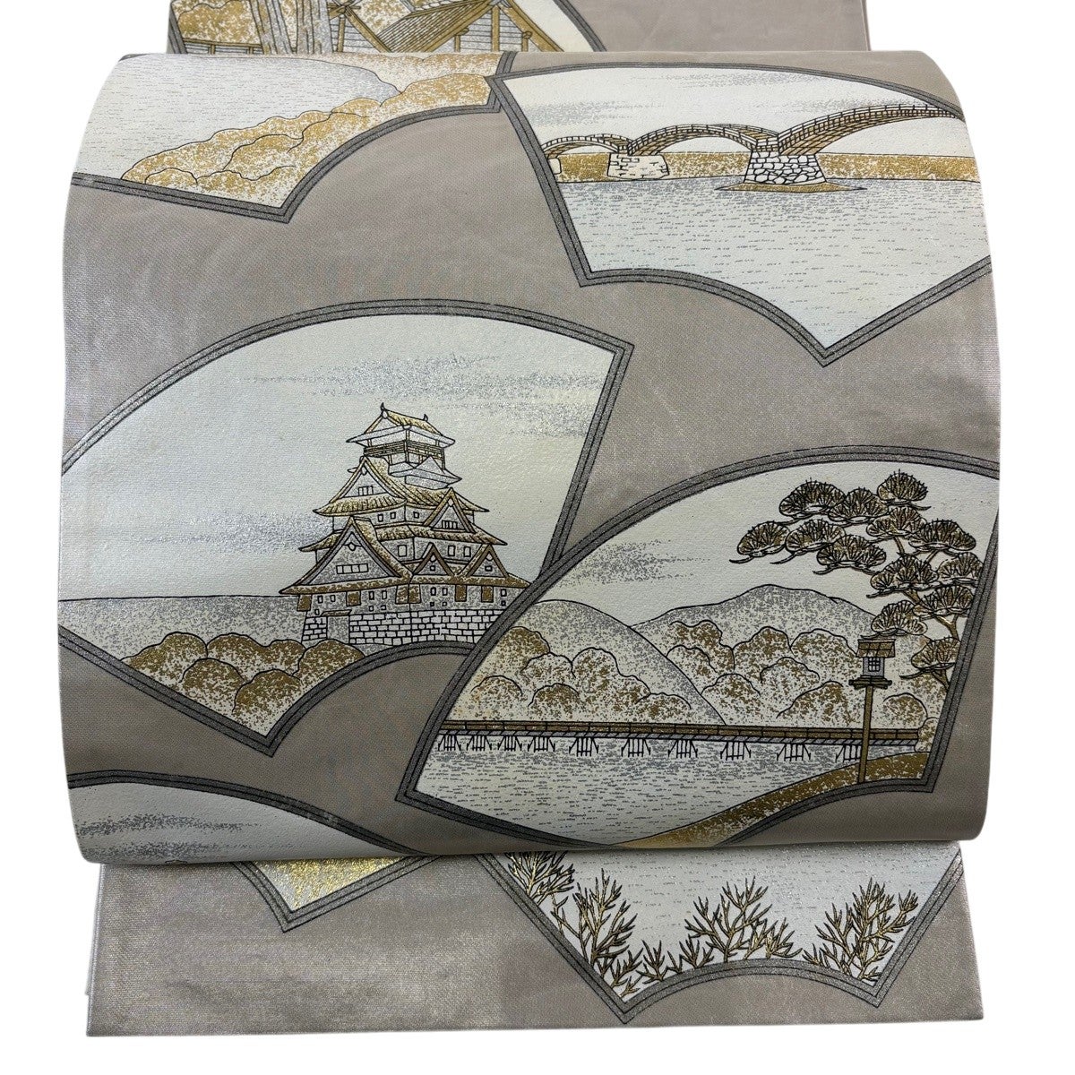 袋帯 秀品 扇面 風景 金銀彩 箔 灰茶 お太鼓柄 正絹｜中古・古着