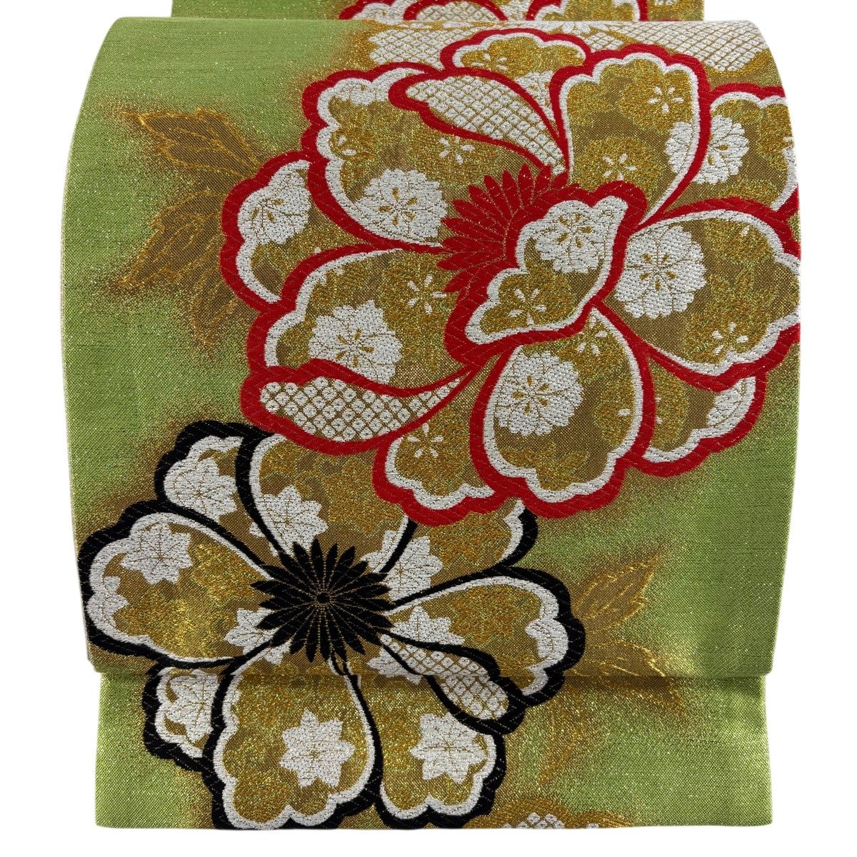 美品】 袋帯 秀品 振袖向き 牡丹 楓 金糸 箔 黄緑色 六通 正絹｜中古