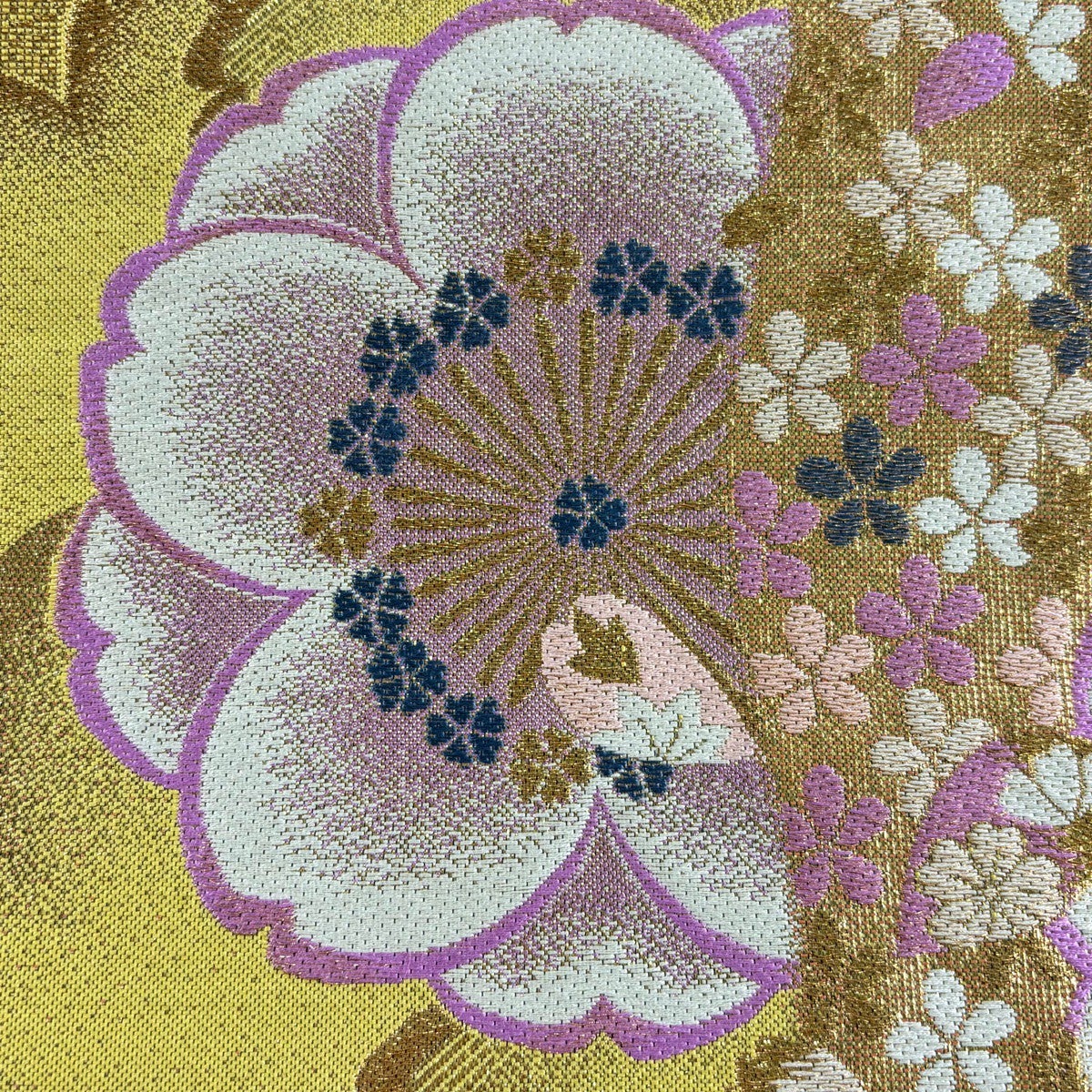 美品】 袋帯 秀品 桜 桜の花びら 金糸 箔 からし色 六通 正絹｜中古