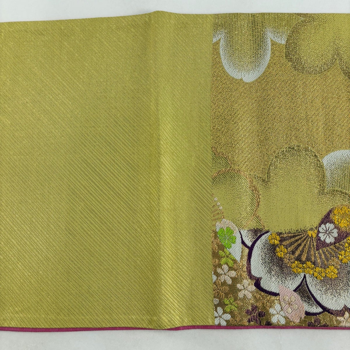 美品】 袋帯 秀品 桜 桜の花びら 金糸 箔 からし色 六通 正絹｜中古