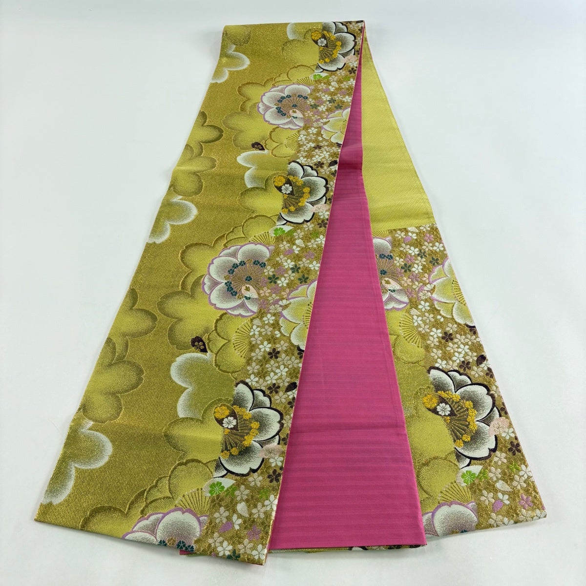 美品】 袋帯 秀品 桜 桜の花びら 金糸 箔 からし色 六通 正絹｜中古