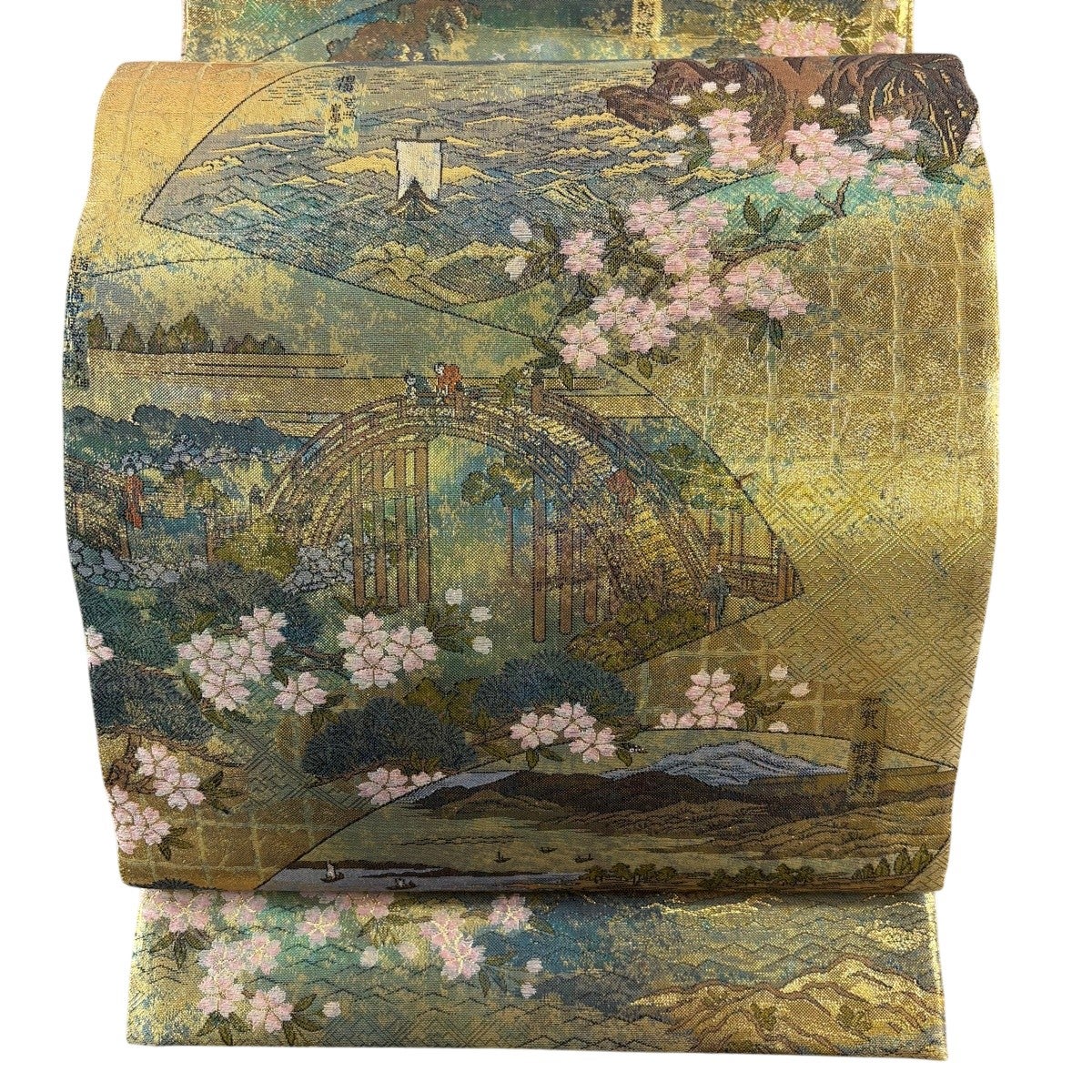 【美品】袋帯　高級螺鈿　森風景　お太鼓柄 袋帯 秀品 風景 建物 螺鈿箔 金彩 金色 お太鼓柄 正絹｜中古・古着
