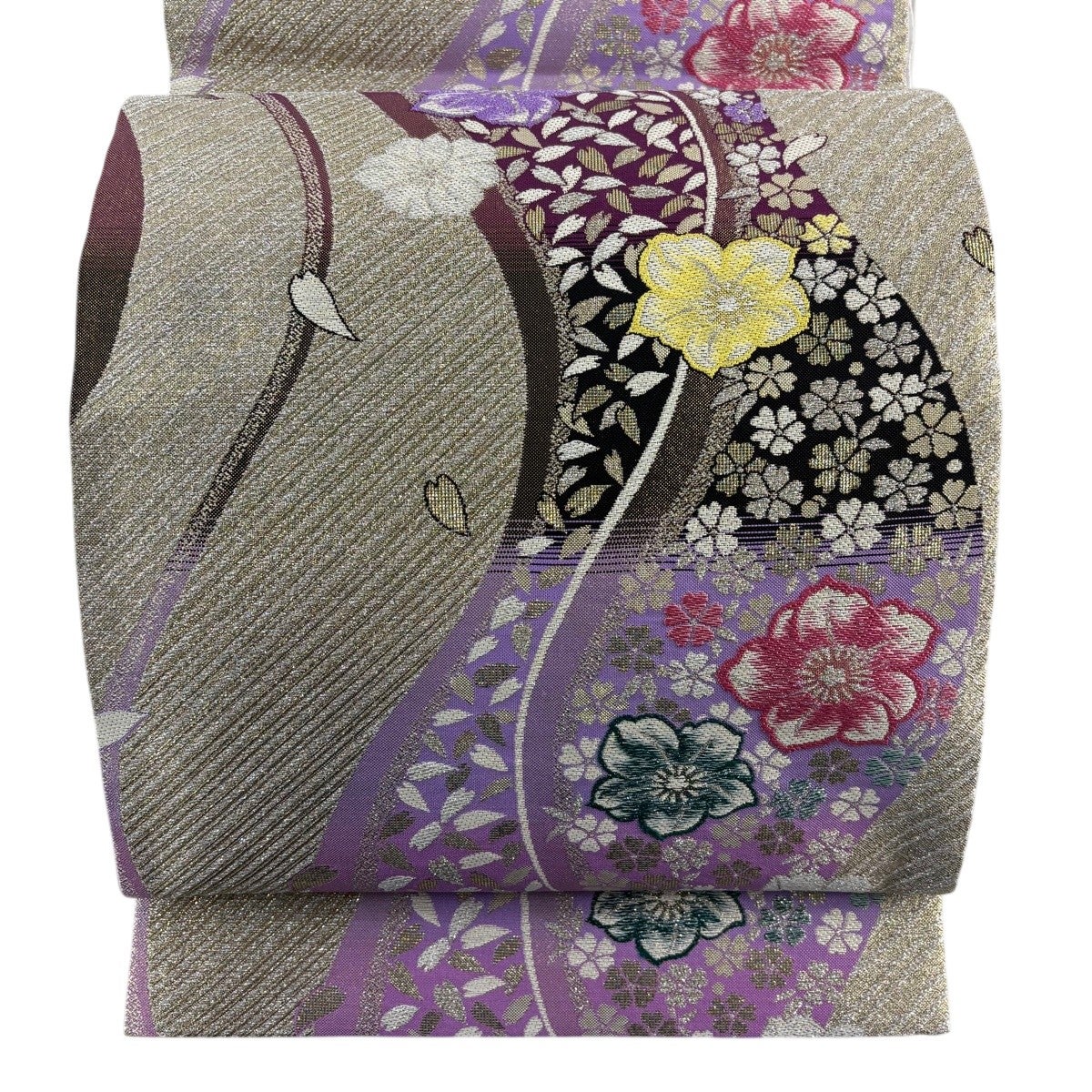 美品】 袋帯 秀品 斜縞 金銀糸 金色 六通 正絹｜中古・古着