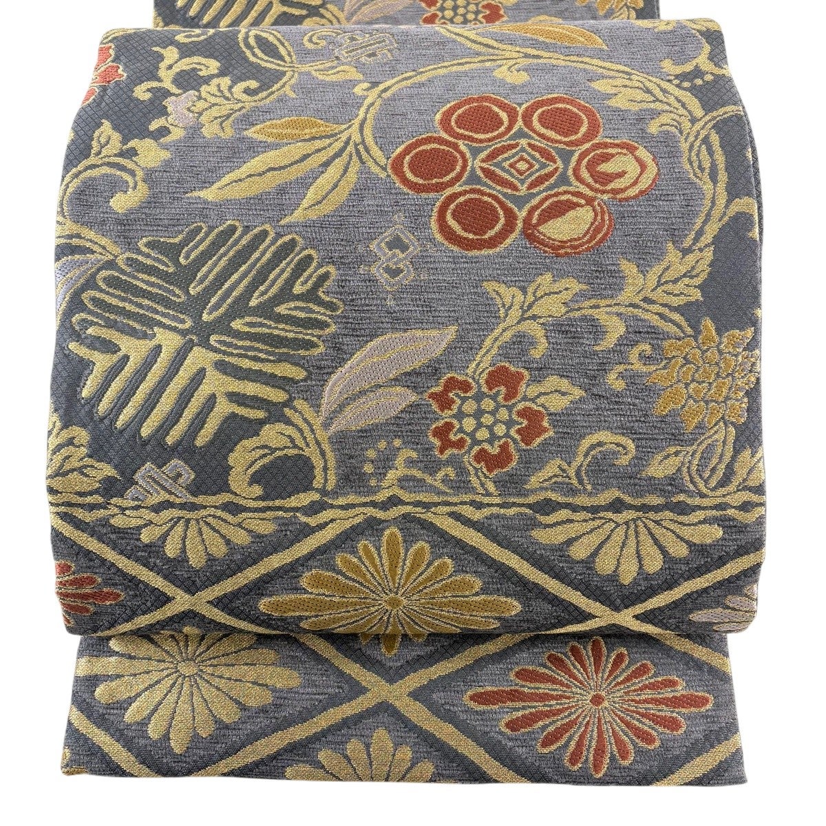 美品】 袋帯 名品 花菱 縞 金糸 灰紫 全通 正絹｜中古・古着