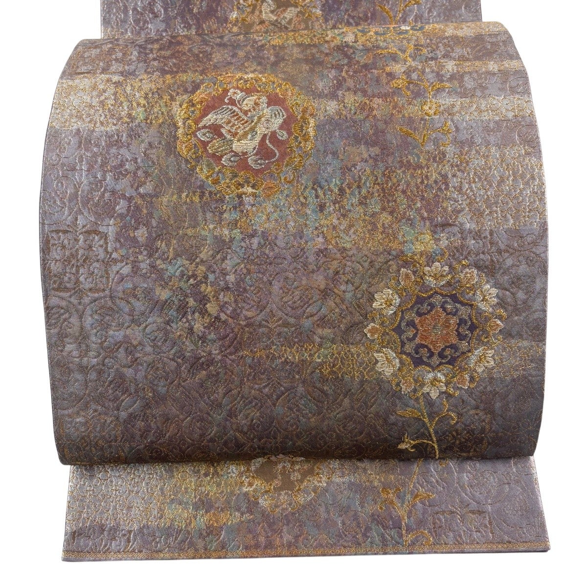 美品】 袋帯 秀品 関西仕立て 正倉院唐草華文 鳥 金銀糸 箔 灰紫 六通