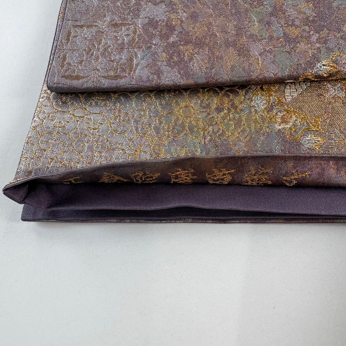 美品】 袋帯 秀品 関西仕立て 正倉院唐草華文 鳥 金銀糸 箔 灰紫 六通