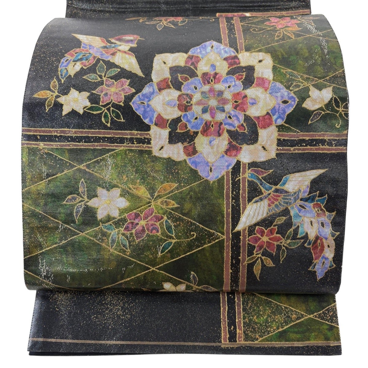 袋帯 秀品 関西仕立て 華文 花鳥 螺鈿箔 金彩 黒 お太鼓柄 正絹｜中古