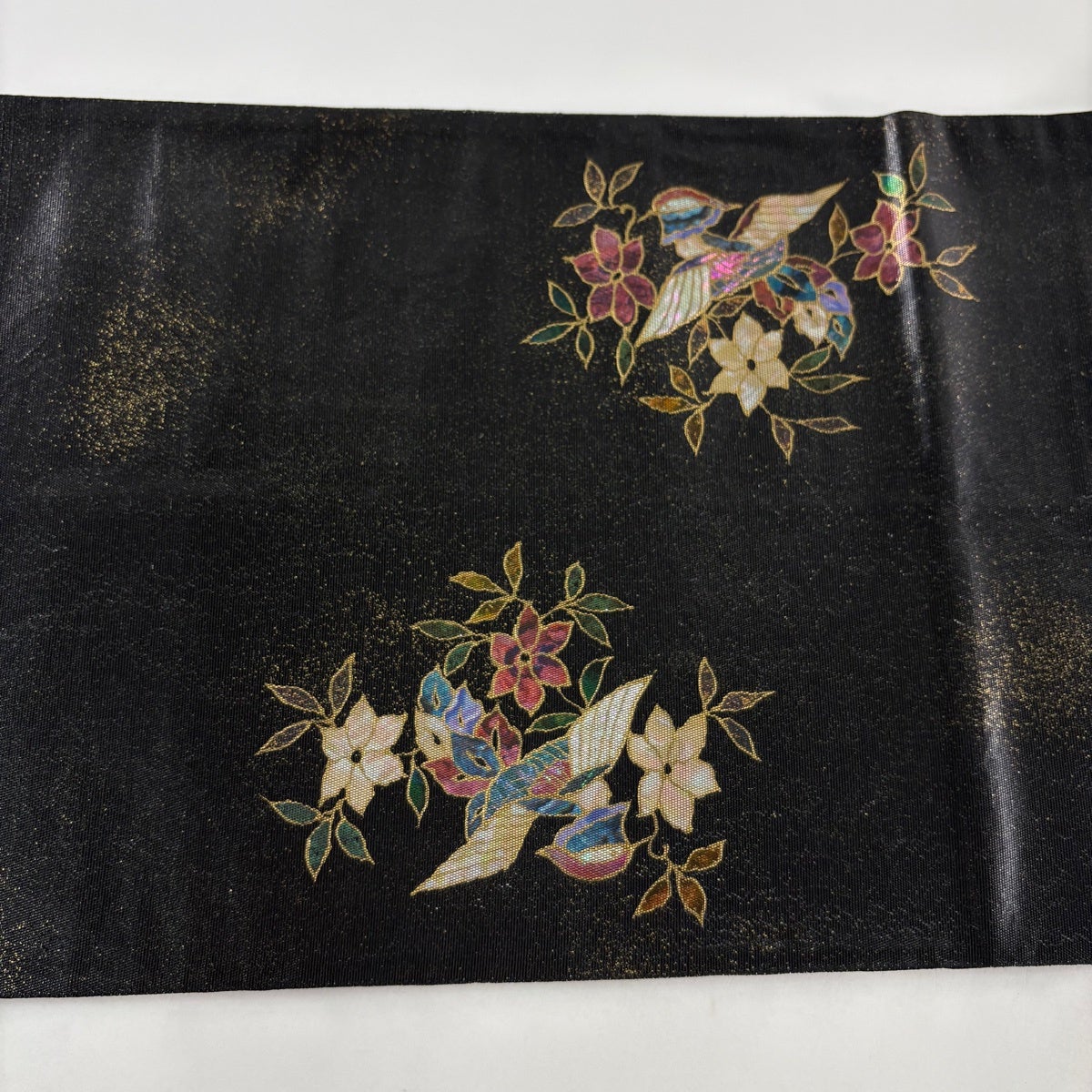 袋帯 秀品 関西仕立て 華文 花鳥 螺鈿箔 金彩 黒 お太鼓柄 正絹｜中古