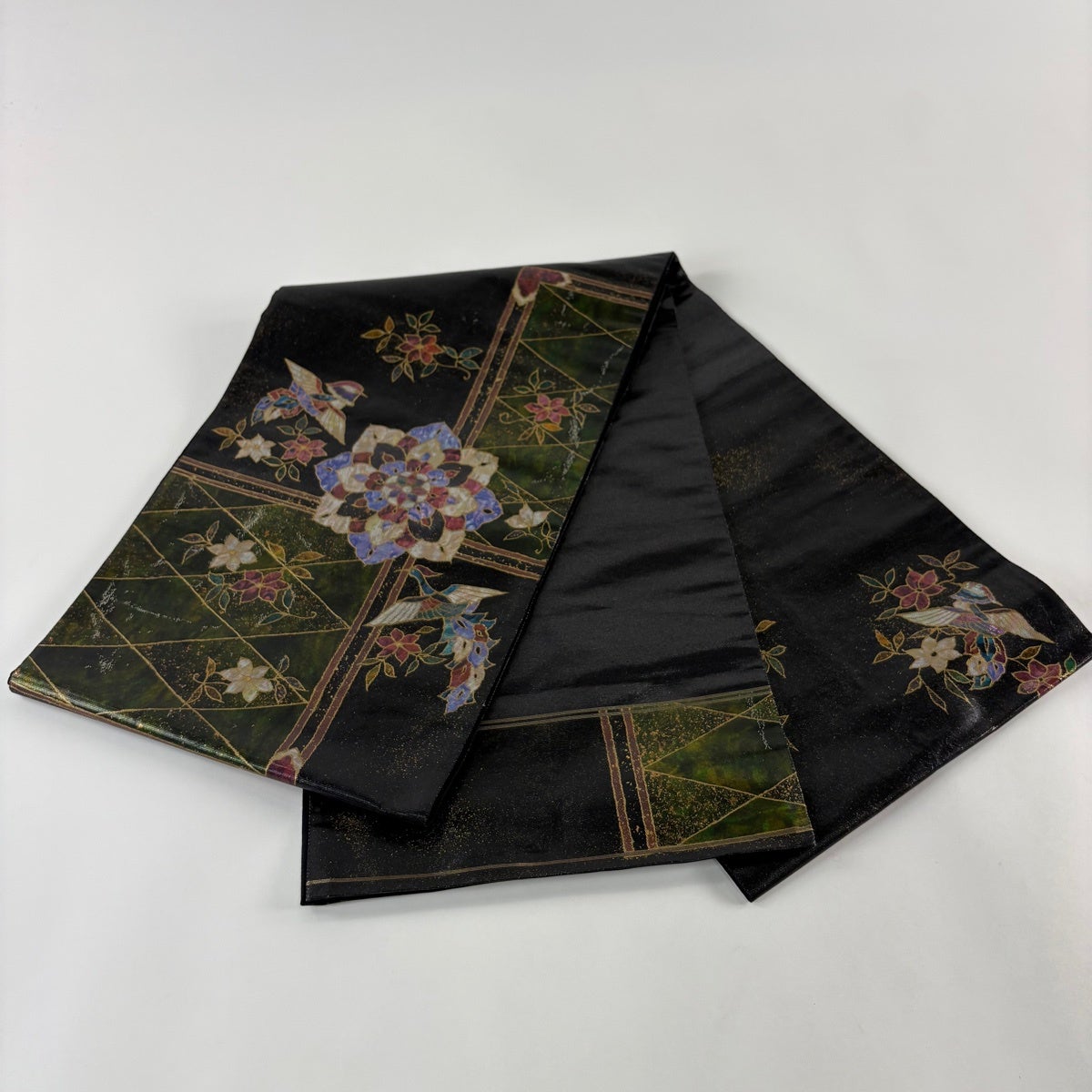 袋帯 秀品 関西仕立て 華文 花鳥 螺鈿箔 金彩 黒 お太鼓柄 正絹｜中古