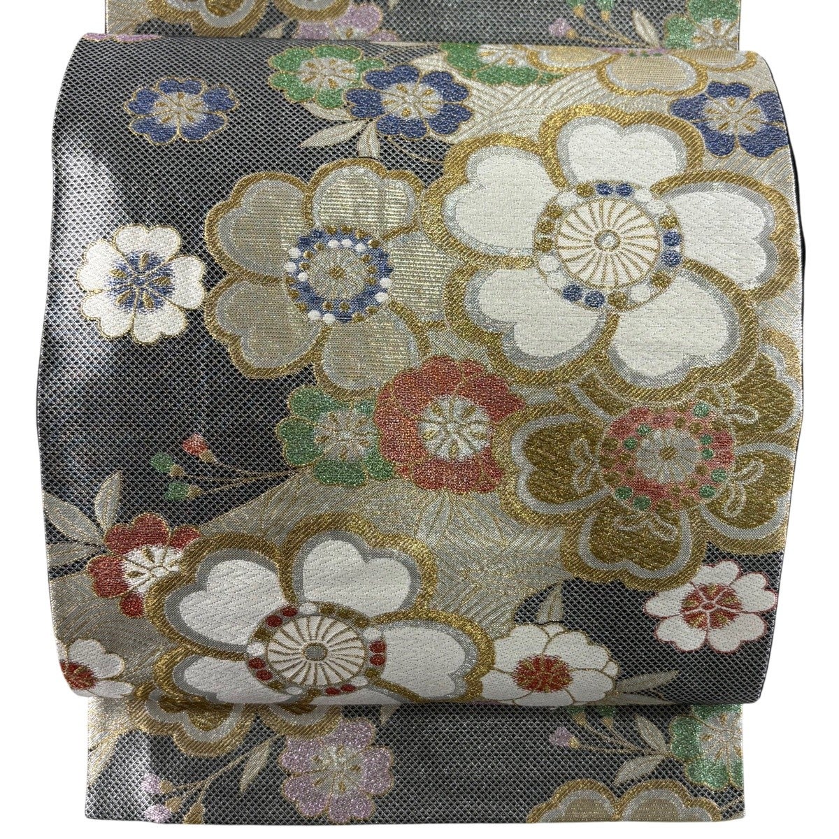袋帯 秀品 振袖向き 花吹雪 桜 波 金銀糸 箔 黒灰 六通 正絹｜中古