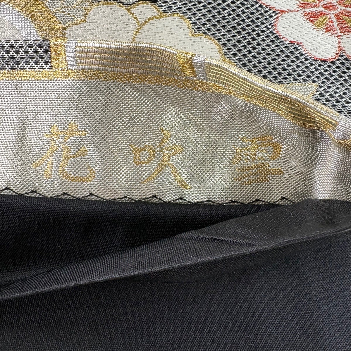 袋帯 秀品 振袖向き 花吹雪 桜 波 金銀糸 箔 黒灰 六通 正絹｜中古
