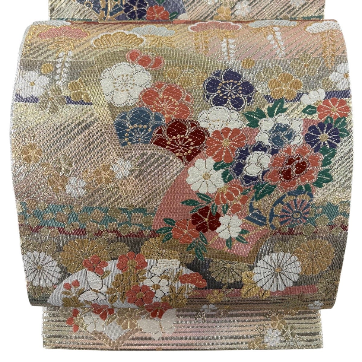 美品】 袋帯 秀品 扇面 草花 金銀糸 箔 金色 六通 正絹｜中古・古着