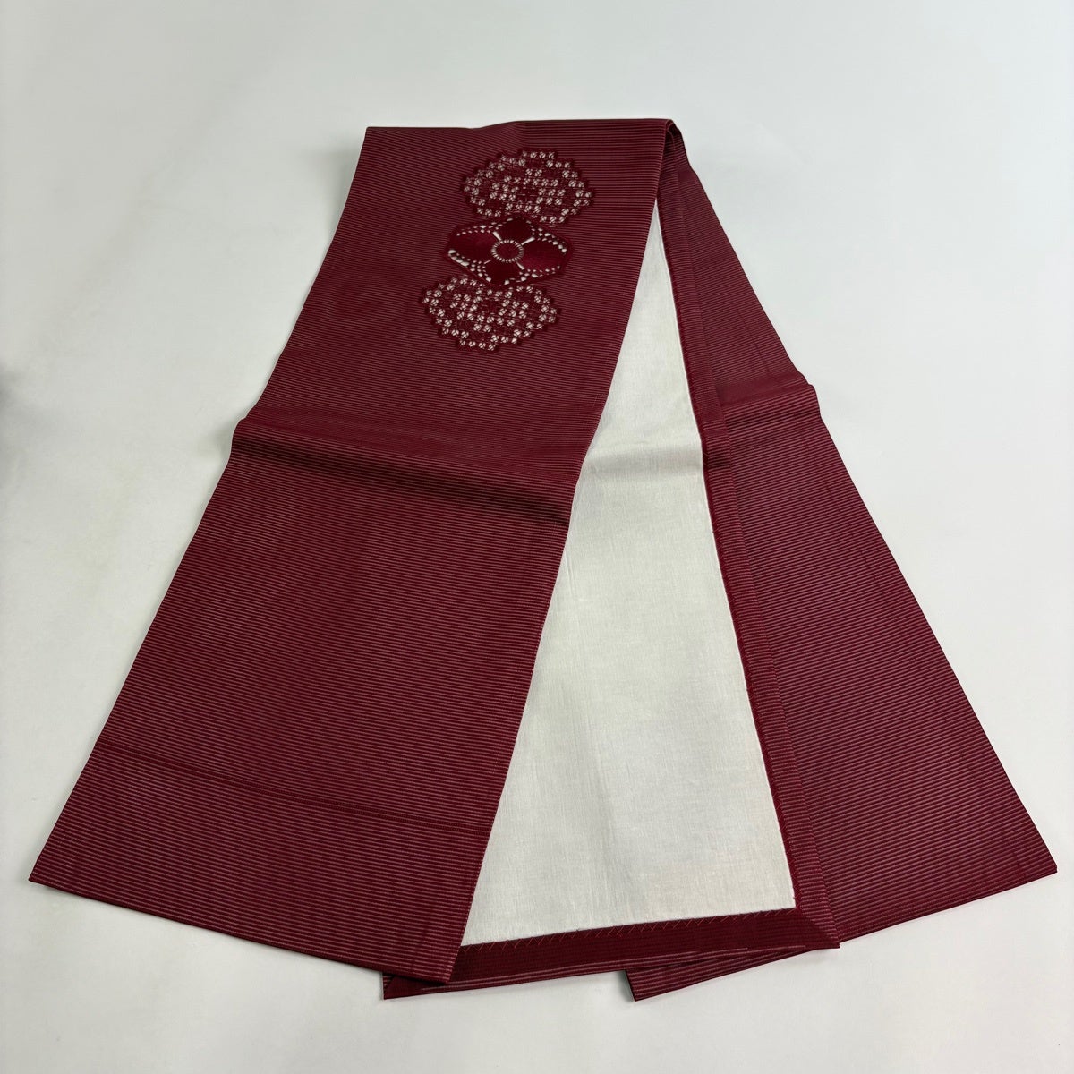 美品】 開き名古屋帯 優品 夏帯 絽 幾何学 えんじ色 正絹｜中古・古着