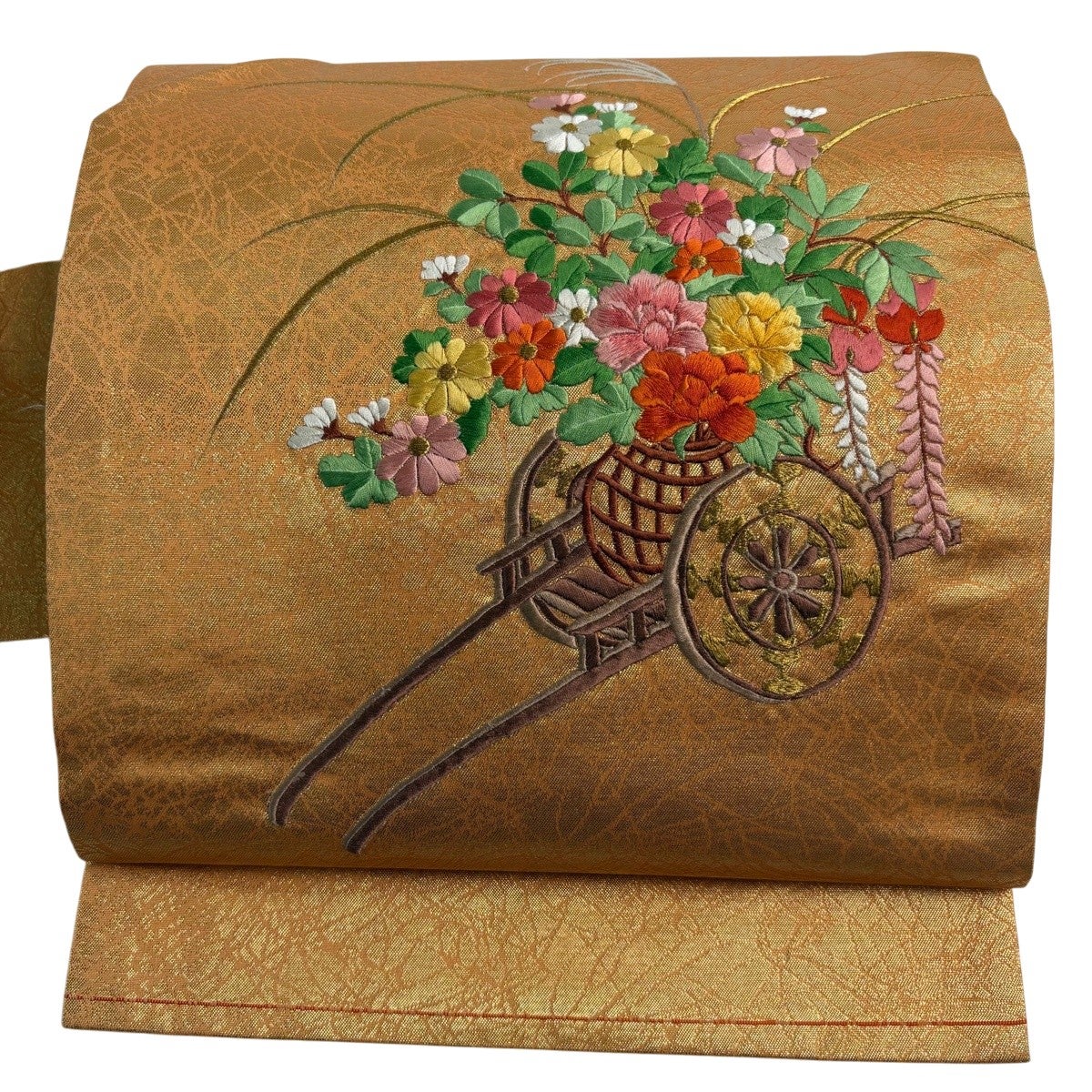 未着用品 矢羽華文様 グリーン 染め正絹名古屋帯 M081☆正絹/こげ