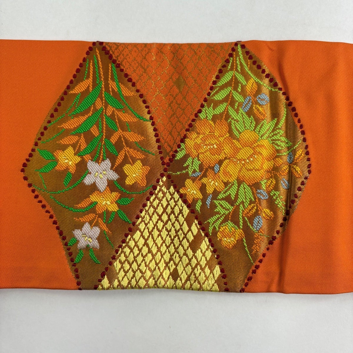 名古屋帯 優品 草花 箔 オレンジ 正絹｜中古・古着・リサイクル着物