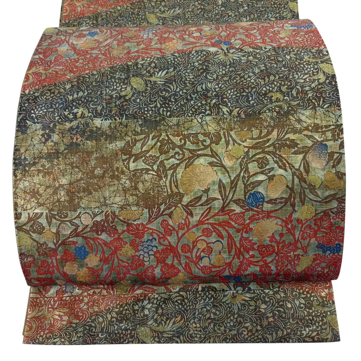 30％OFF￥17900→12530 袋帯 紬 織柄 淡茶 新古品 kp2278 袋帯 逸品 落款あり 牛首紬 花唐草 段縞 金彩 茶緑色 全通 正絹｜中古