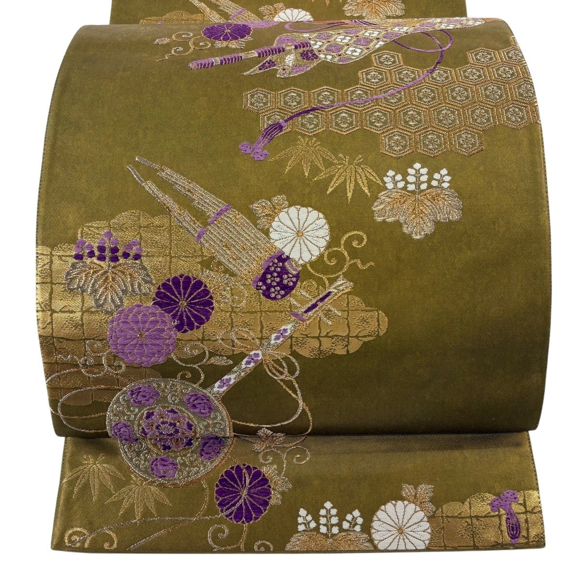 美品】 袋帯 逸品 じゅらく じゅらく帝王紫 草花 蜀江文 金糸 箔 灰紫