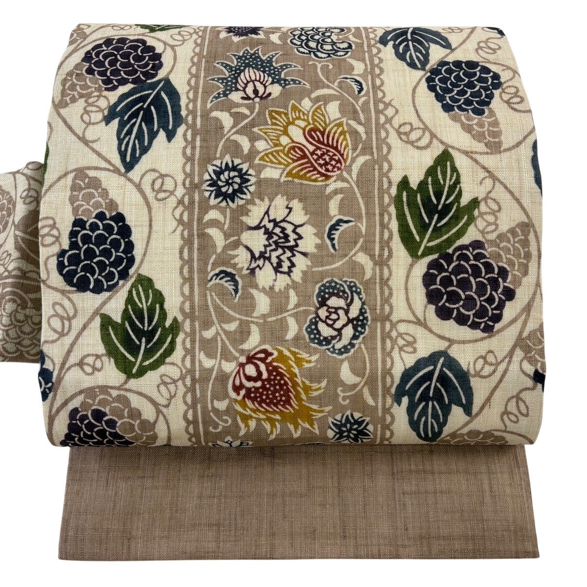 美品】 名古屋帯 逸品 栗山吉三郎 落款あり 夏帯 花唐草 葡萄唐草