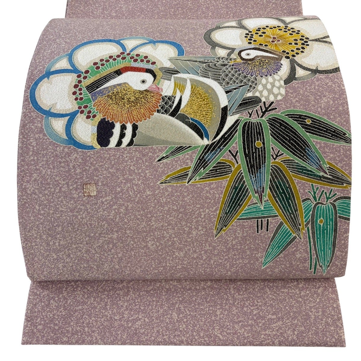 人間国宝 羽田登喜男 袋帯 新品 逸品 正絹 鴛鴦 枝梅 落款有 ベージュ 美品】 袋帯 逸品 人間国宝 羽田登喜男 落款あり 鴛鴦 梅笹 金銀彩 金