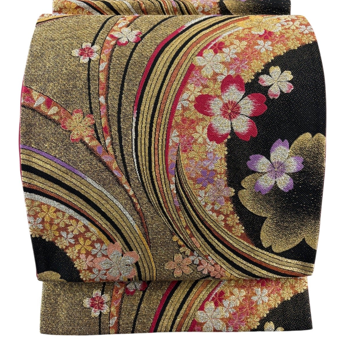 50%OFF 【美品】 袋帯 秀品 粋浪漫 手鞠 桜 金銀糸 箔 黒 六通 正絹