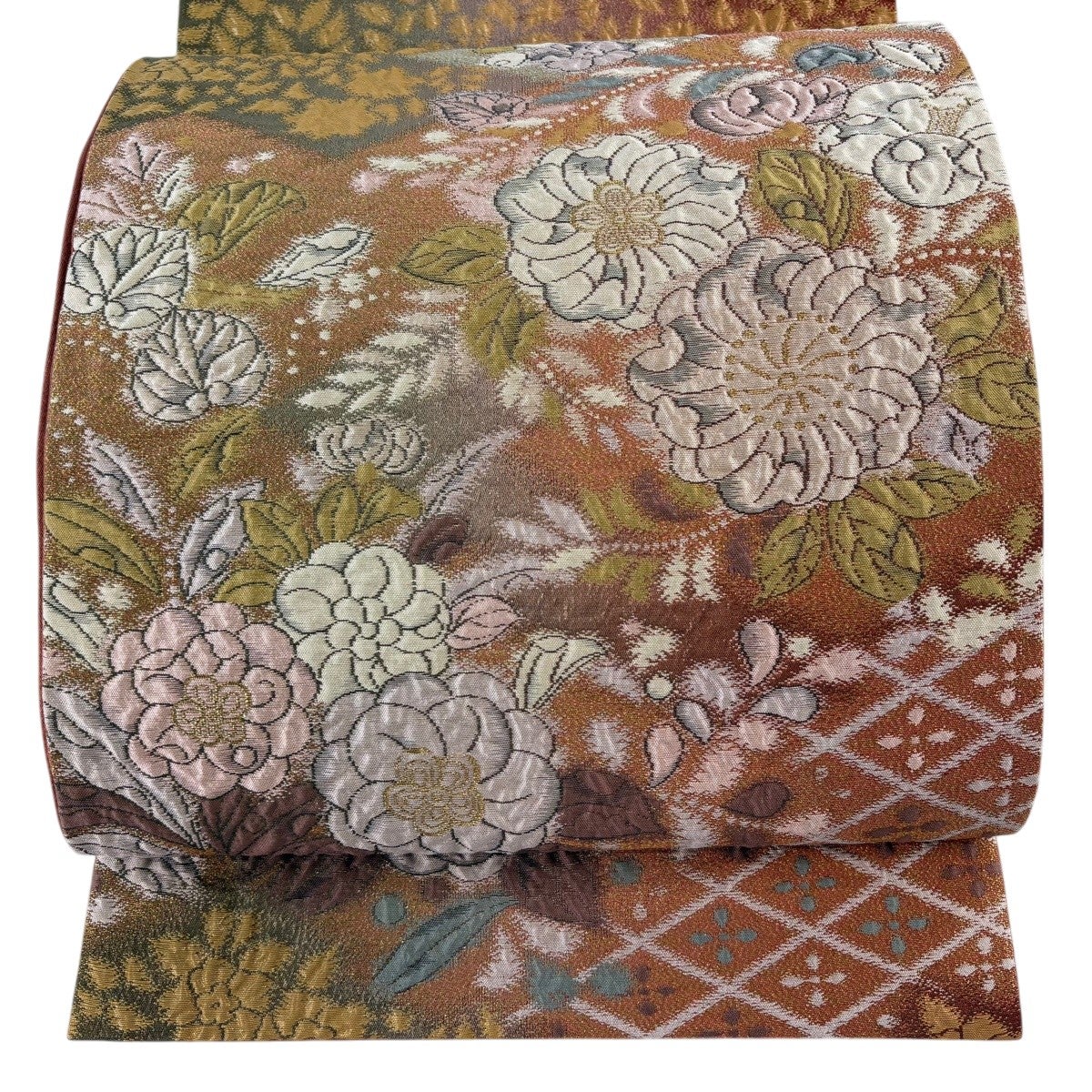 袋帯 逸品 格天井 ヱ霞 金糸 薄オレンジ お太鼓柄 正絹｜中古・古着