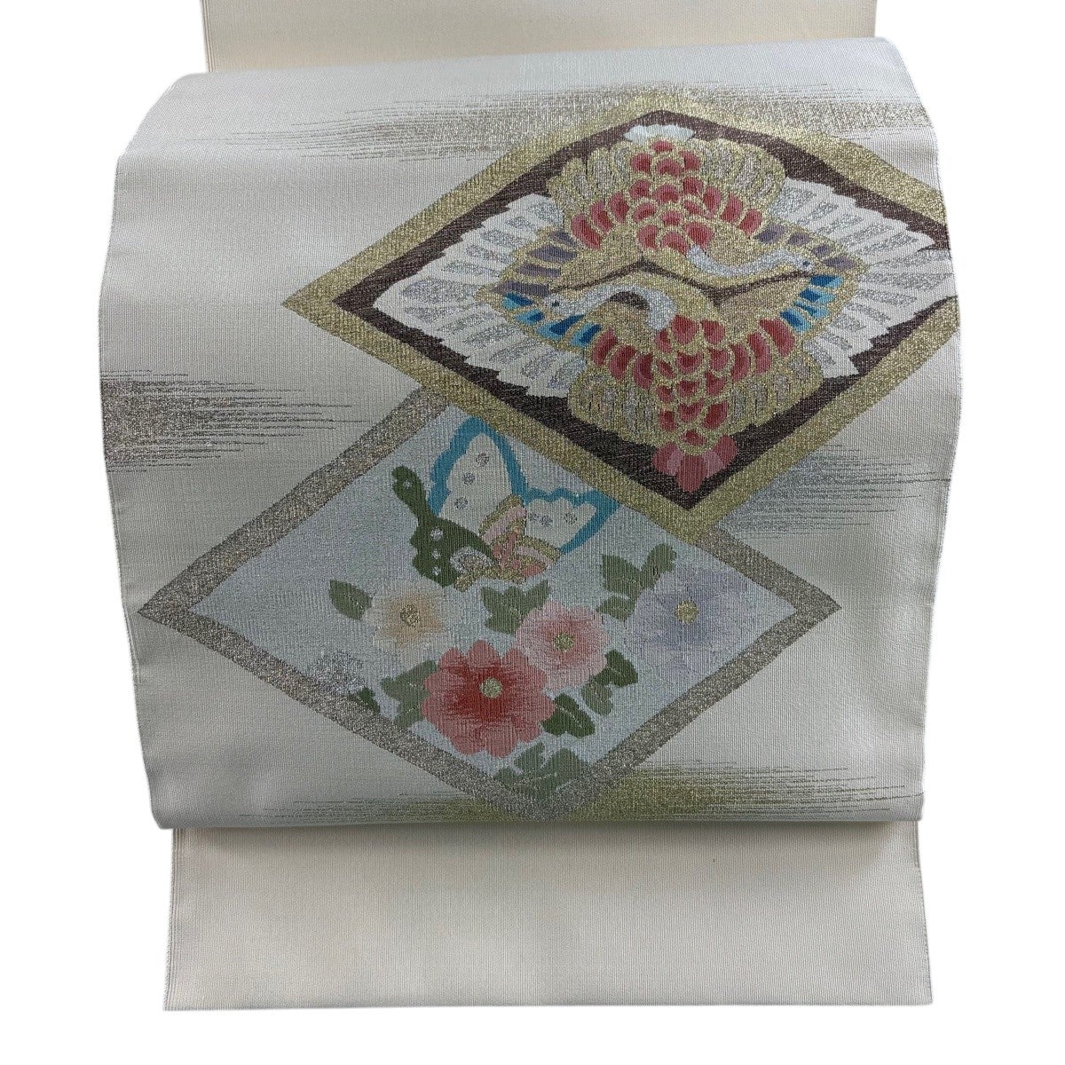 名古屋帯 秀品 松葉仕立て 八寸名古屋帯 紬地 牡丹 菊 金銀糸 クリーム