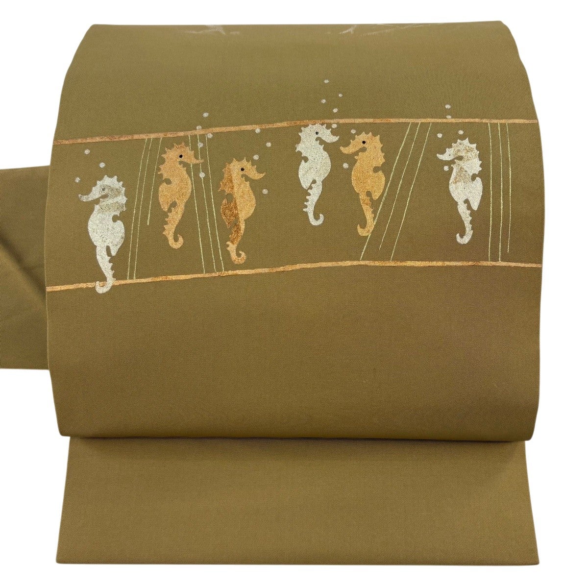 名古屋帯 逸品 タツノオトシゴ 金銀彩 山吹茶色 正絹｜中古・古着