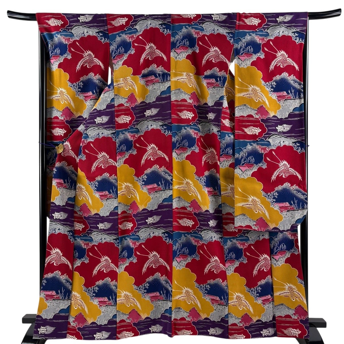 美品】 振袖 身丈166cm 裄丈67cm M 袷 鶴亀 雲文 縮緬 赤 正絹 名品