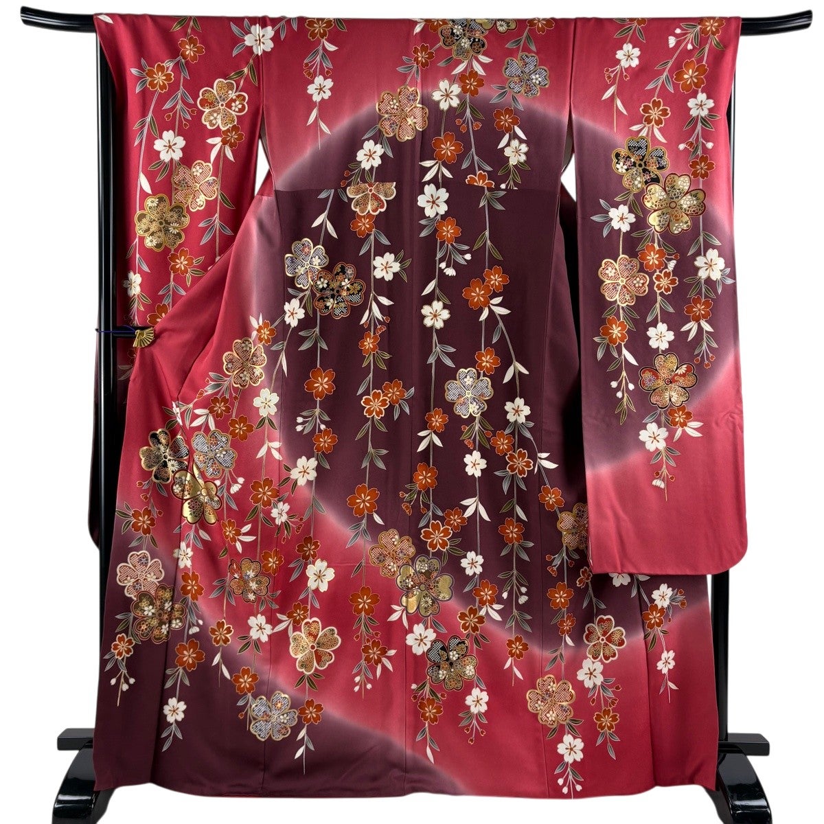 美品】 振袖 身丈169.5cm 裄丈67.5cm L 袷 桜 草花 金彩 ぼかし 濃