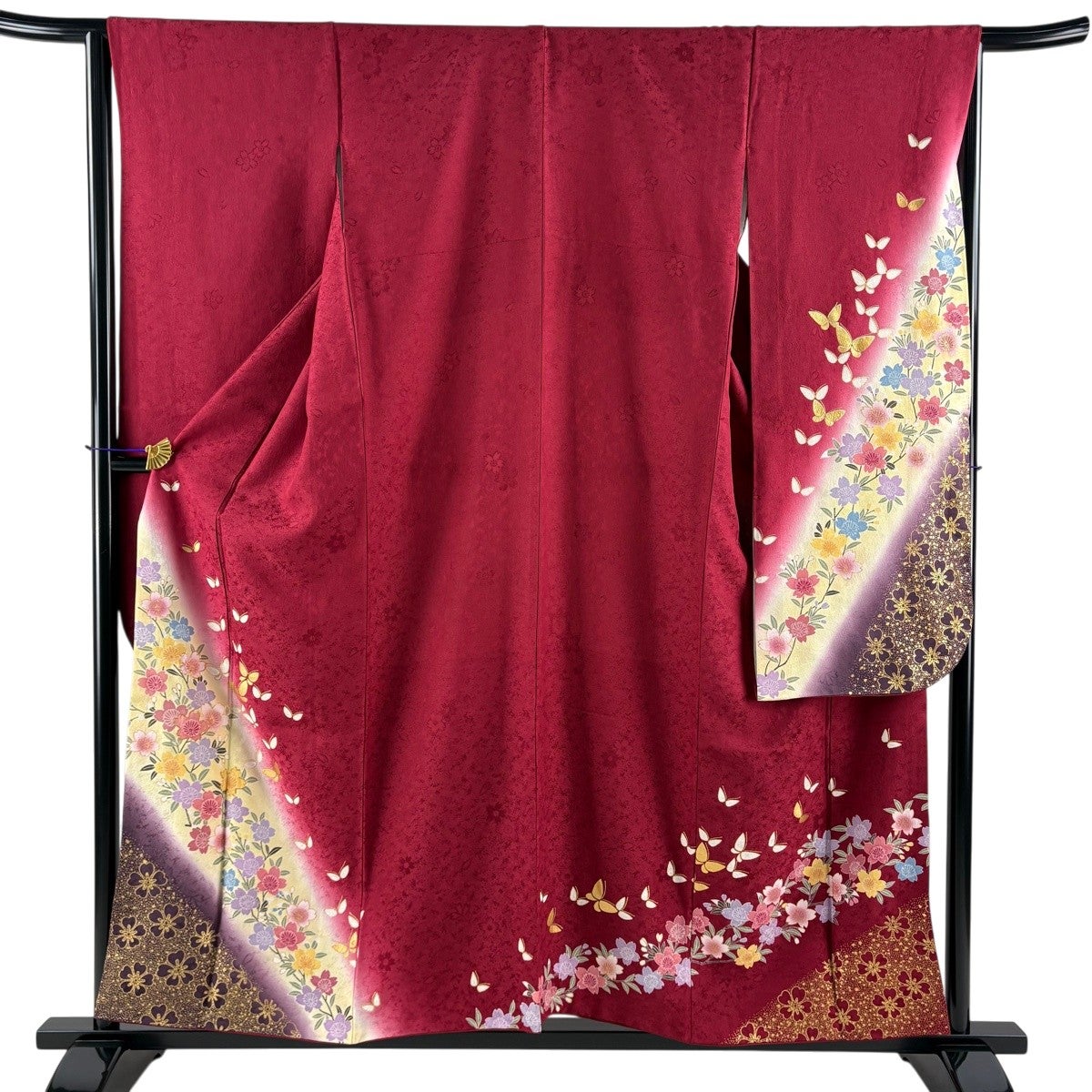 振袖 美品 名品 身丈155cm 裄丈65cm 正絹 【中古】 振袖 身丈155cm 裄丈64.5cm M 袷 蝶 桜 金糸 金彩 えんじ色 正絹 名品