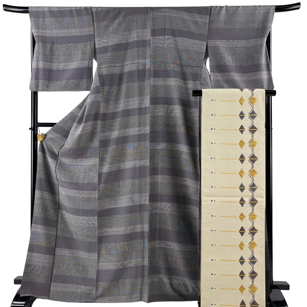 美品】 紬 身丈161cm 裄丈67.5cm L 袷 名古屋帯セット 燕 矢絣 茶色