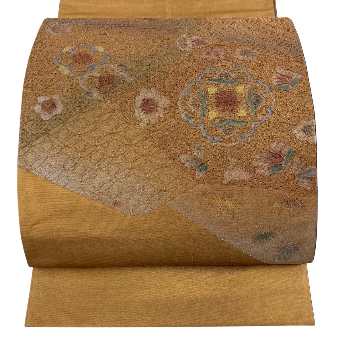 袋帯 秀品 関西仕立て 華文 ヱ霞 螺鈿 箔 深緑 お太鼓柄 正絹｜中古