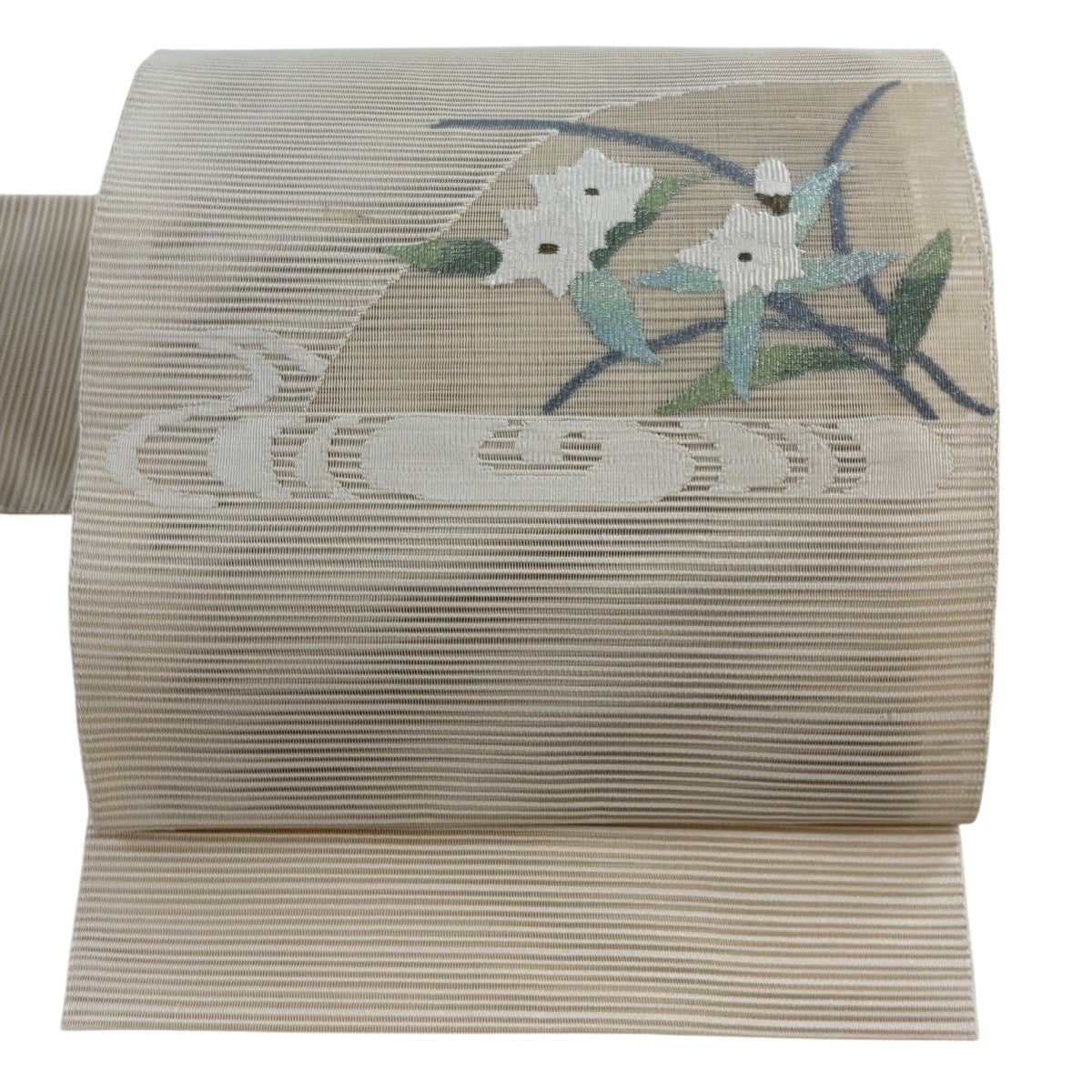 美品】 名古屋帯 秀品 横段 草花 金銀糸 ベージュ 正絹｜中古・古着