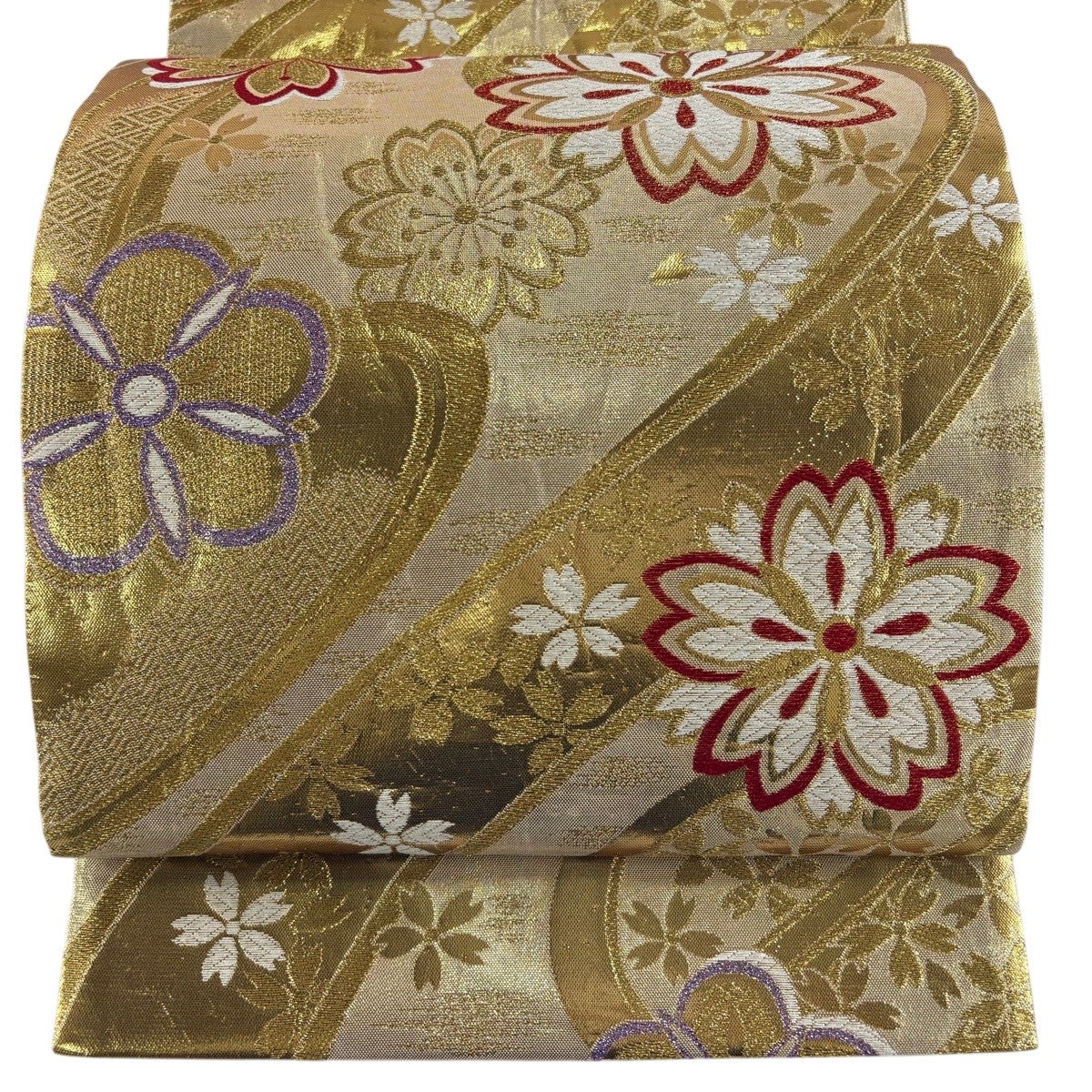 袋帯 秀品 振袖向き 鈴乃屋 桜 華文 金銀糸 箔 白 六通 正絹｜中古