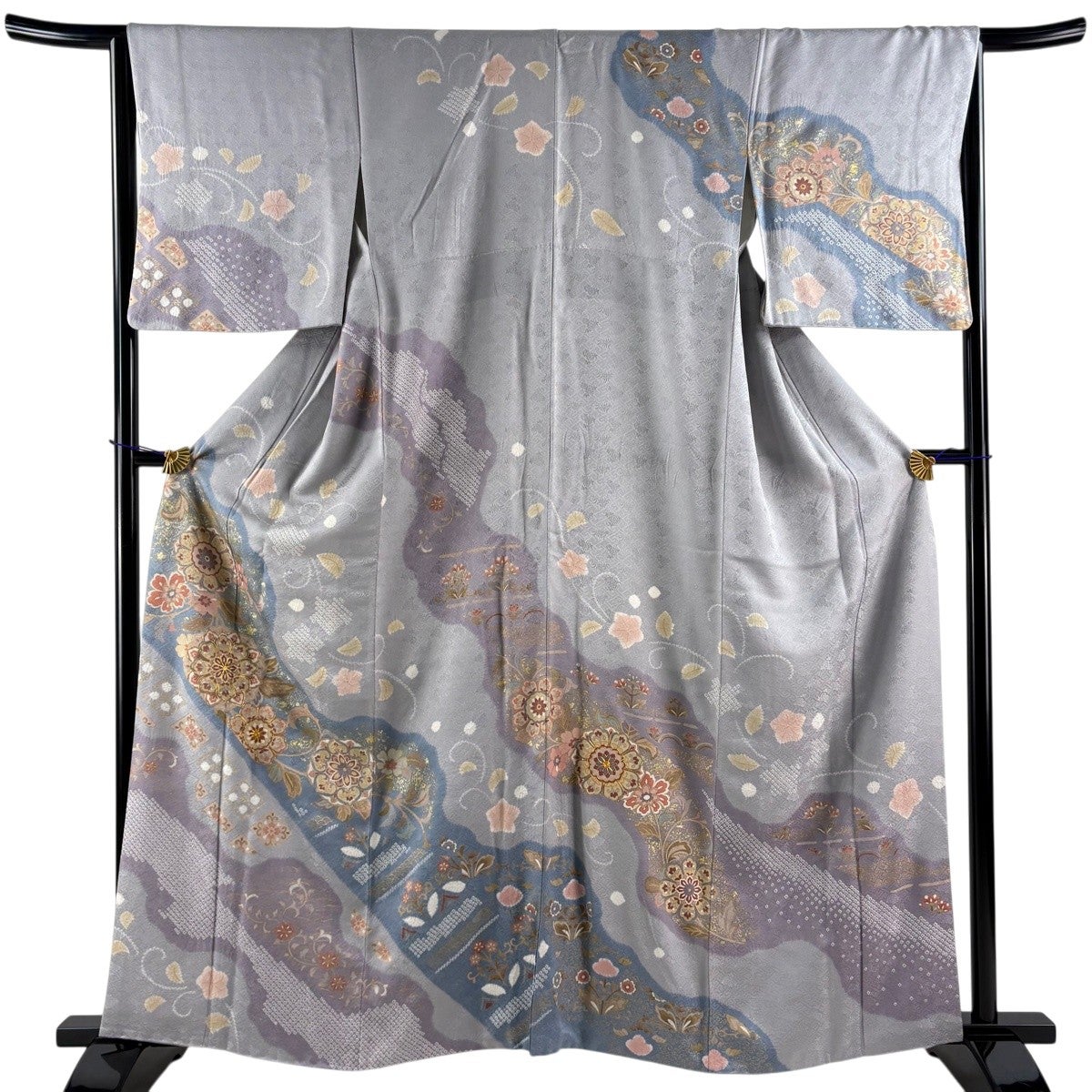 訪問着 身丈160cm 裄丈65.5cm M 袷 華文 花唐草 金糸 絞り 灰紫 正絹