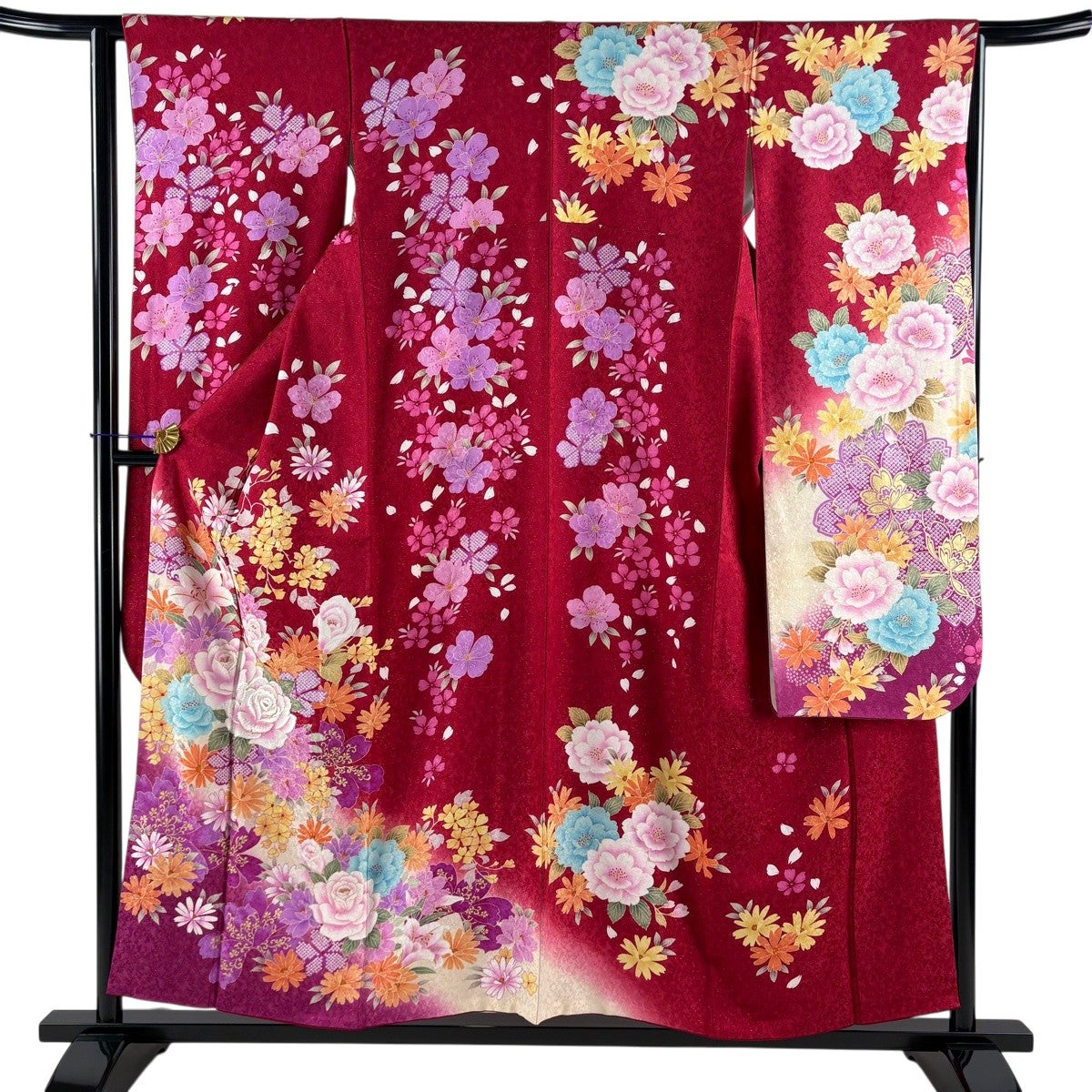美品】 振袖 身丈156cm 裄丈63cm S 袷 薔薇 草花 銀通し 刺繍 赤 正絹